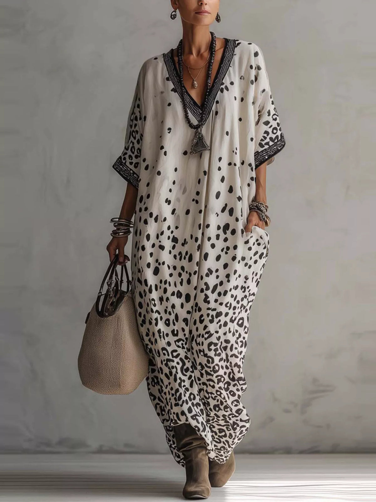 Trendsi V-Neck Leopard Print Loose Maxi Dress -