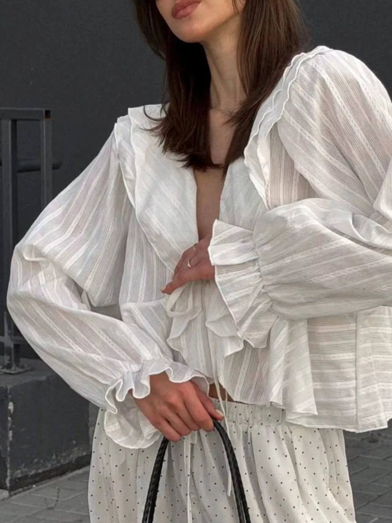 Trendsi Ruffled Striped Flounce Sleeve Blouse -