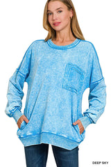 Trendsi Zenana Acid Wash Raw Edge French Terry Sweatshirt with Front Pocket -
