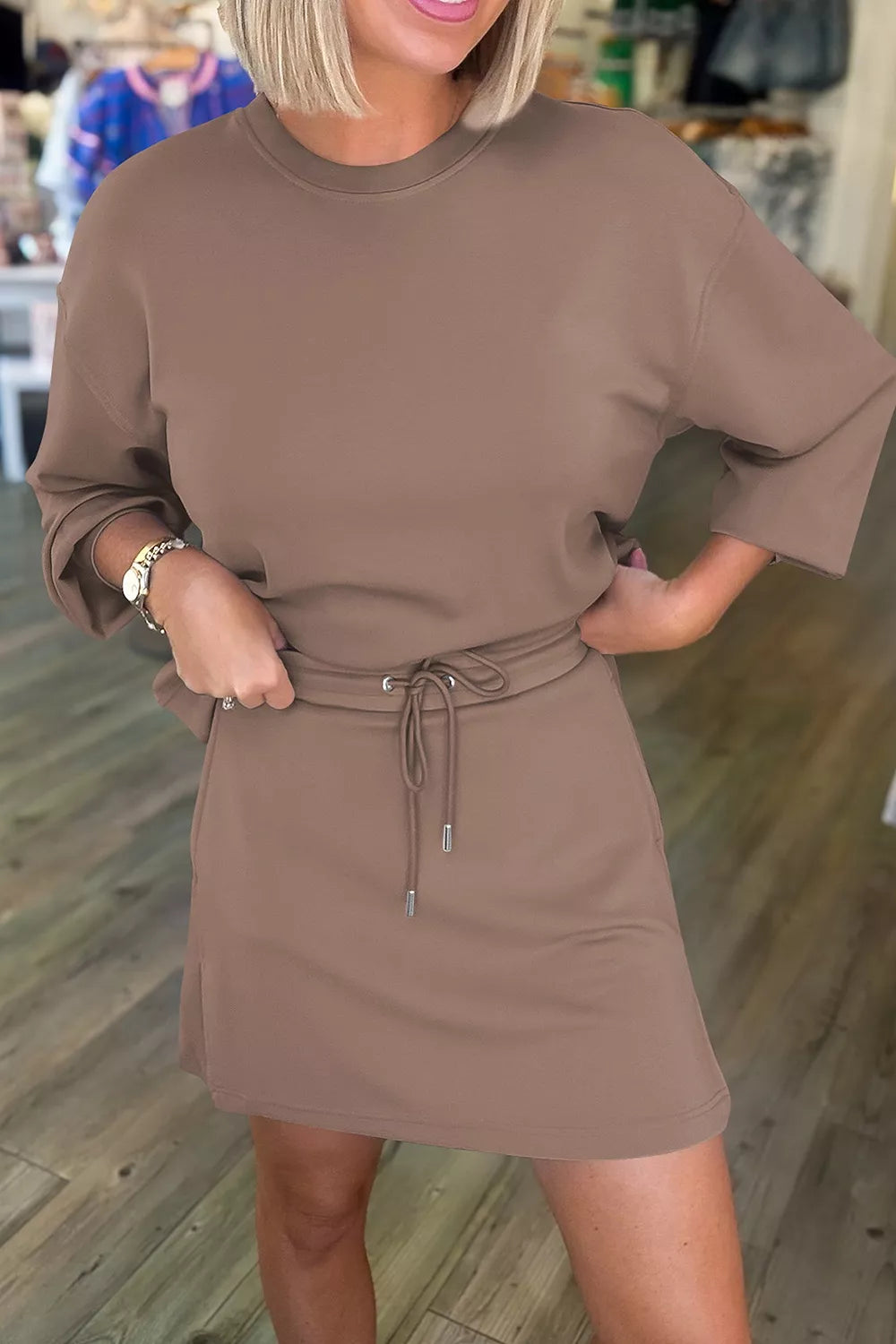 Trendsi Solid Color Drop Shoulder Pullover Drawstring Mini Skirt 2pcs Outfit -