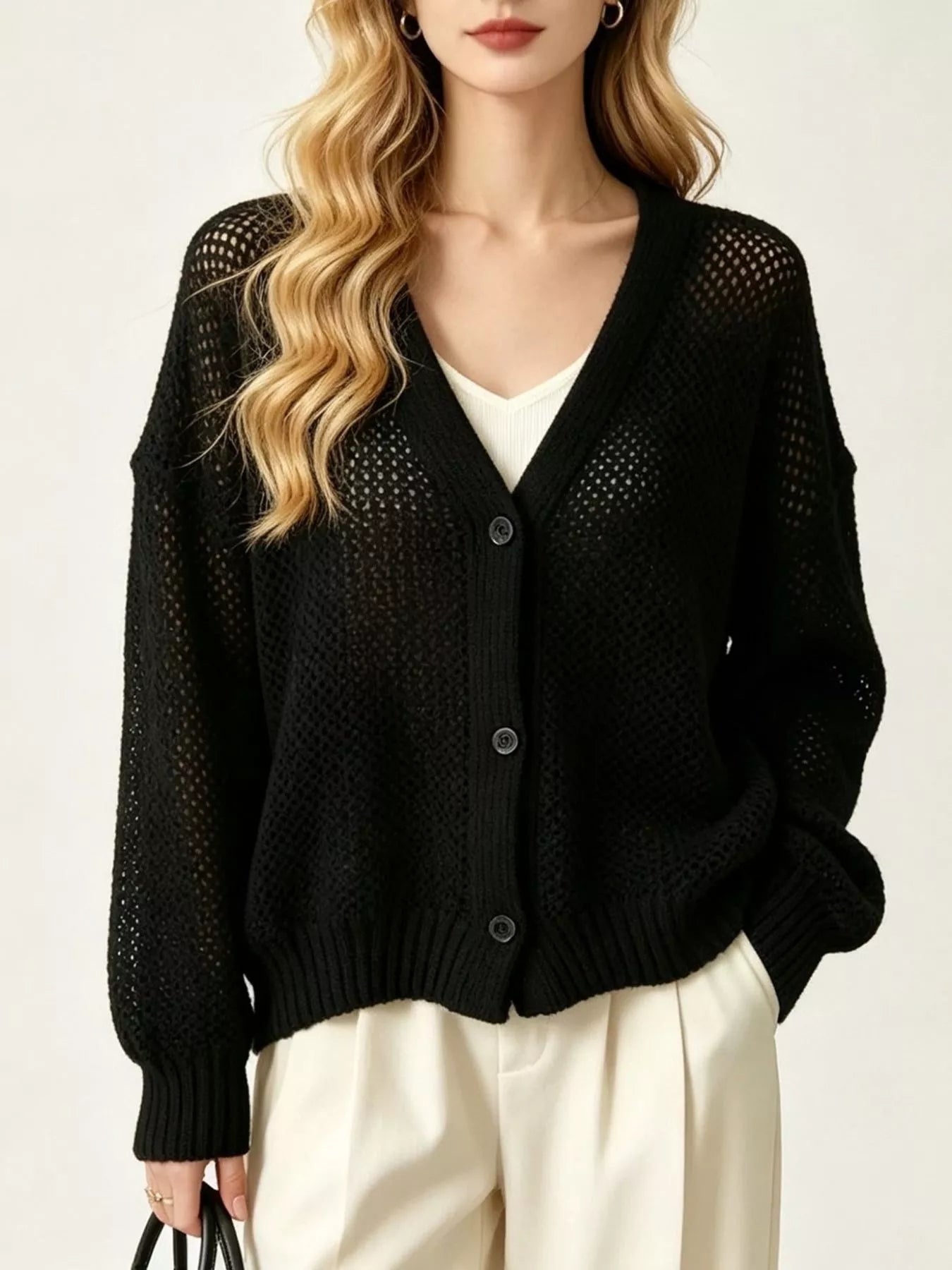 Trendsi V-Neck Open-Knit Button-Down Cardigan -