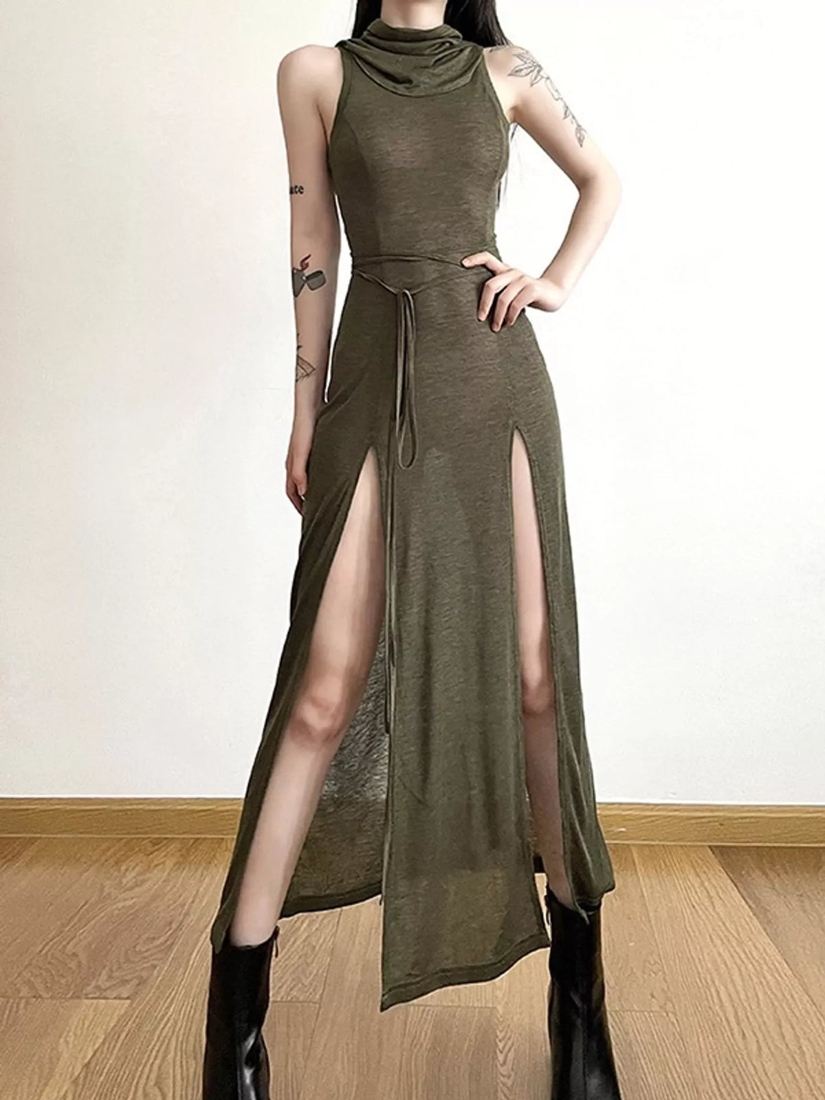 Olive green sleeveless high slit hooded maxi dress, front view