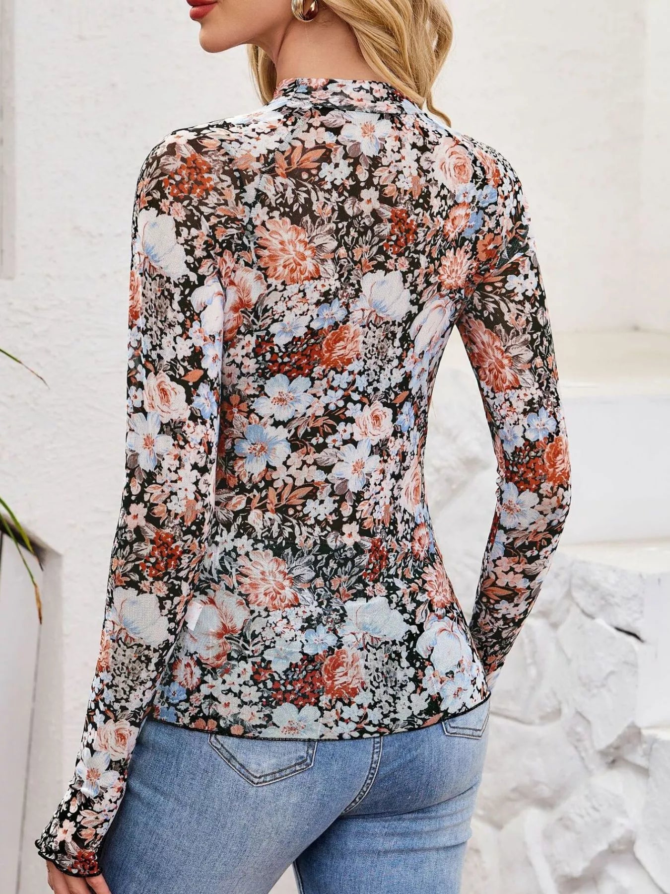 Trendsi Sheer Mock Neck Long Sleeve Top -