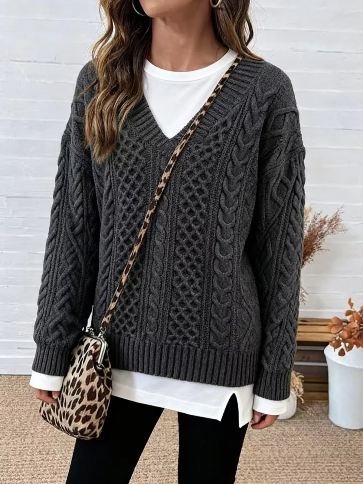 Gray Cable Knit Dropped Shoulder Sweater front view