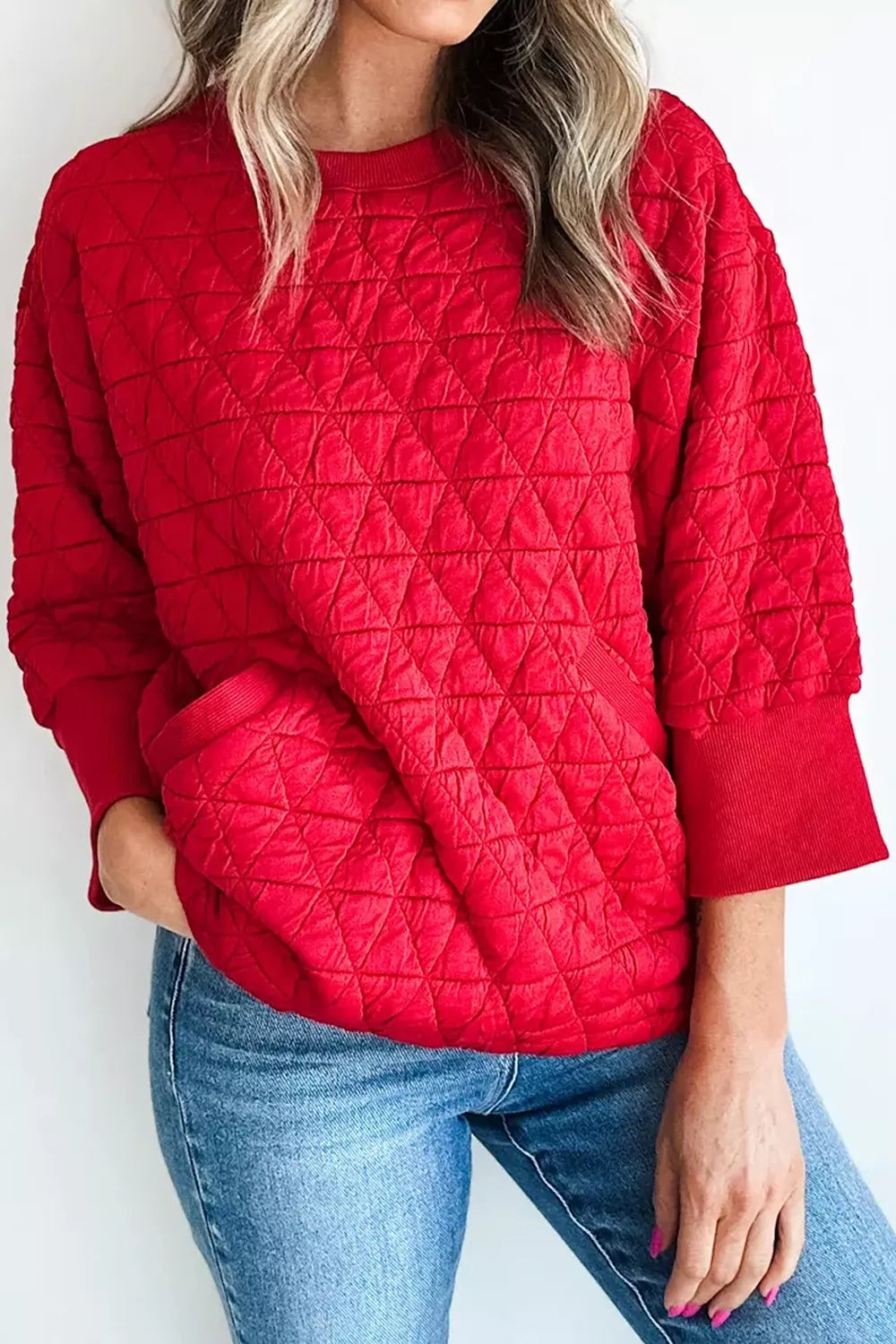 Quilted Pocket Sweatshirt in deep red, front view