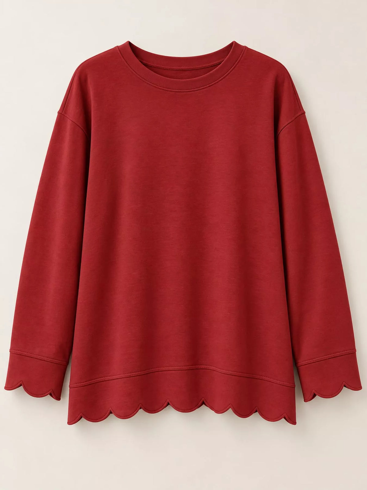 Brick Red scalloped hem crewneck sweatshirt
