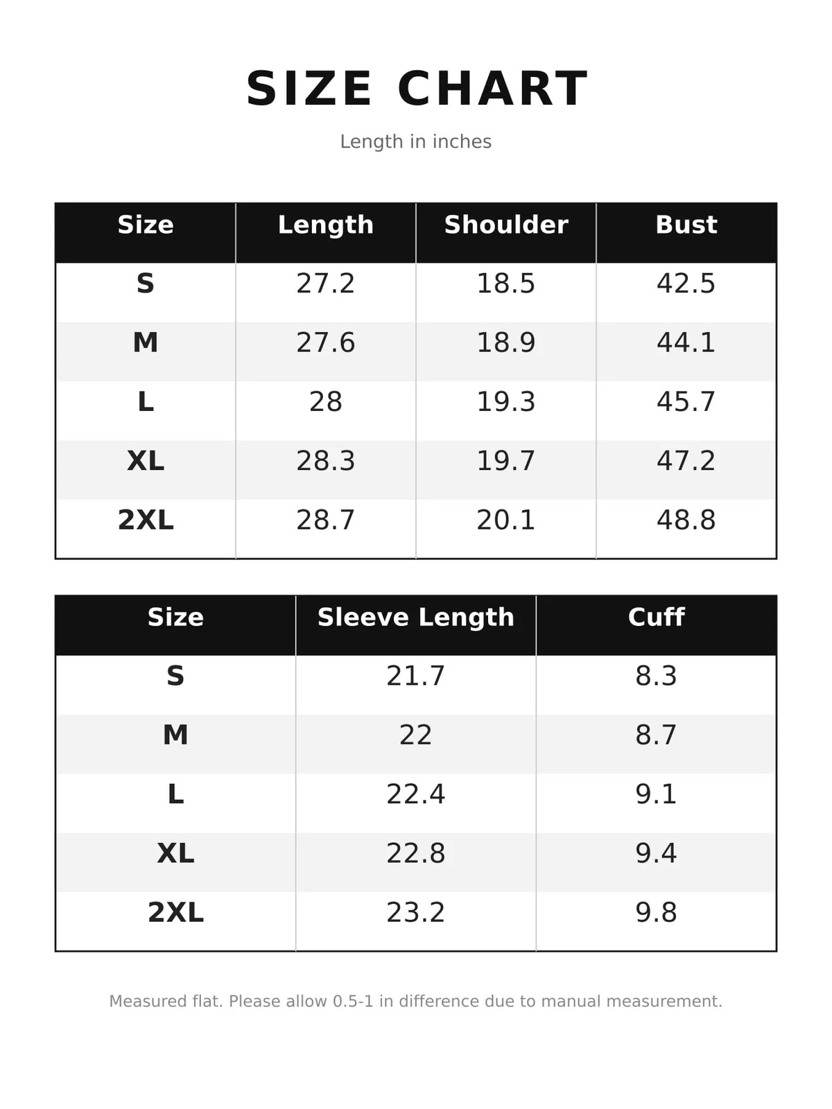 Satin shirt, size chart
