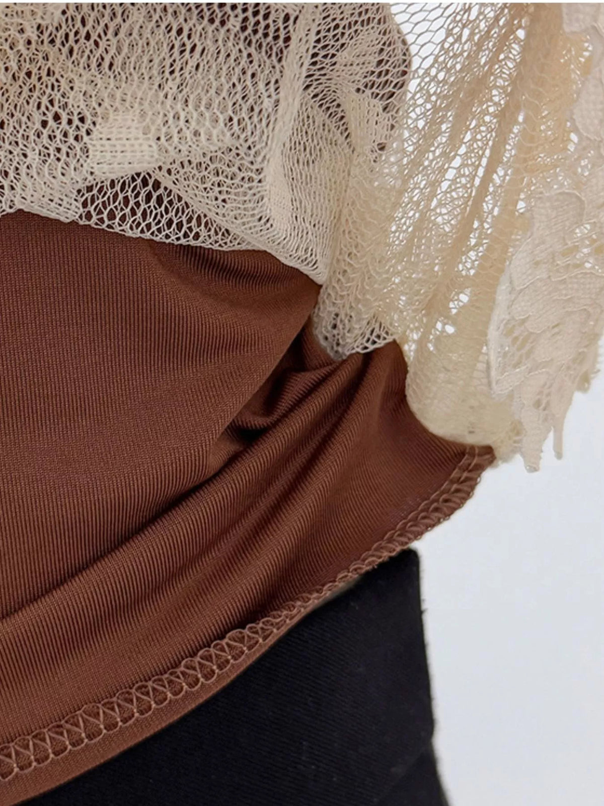 Vintage Lace Contrast Blouse with Polka Dot Mesh Sleeves, detail view in brown and cream