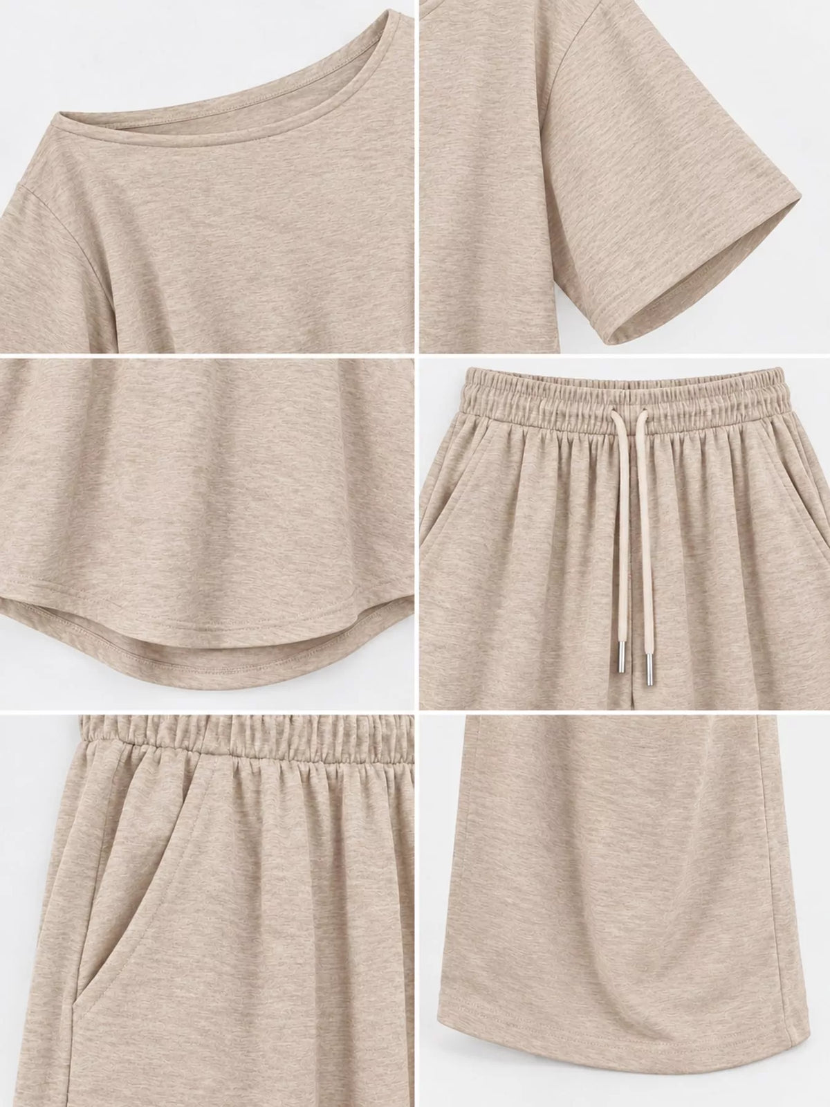 Beige boat neck top and wide-leg pants set — design and construction details