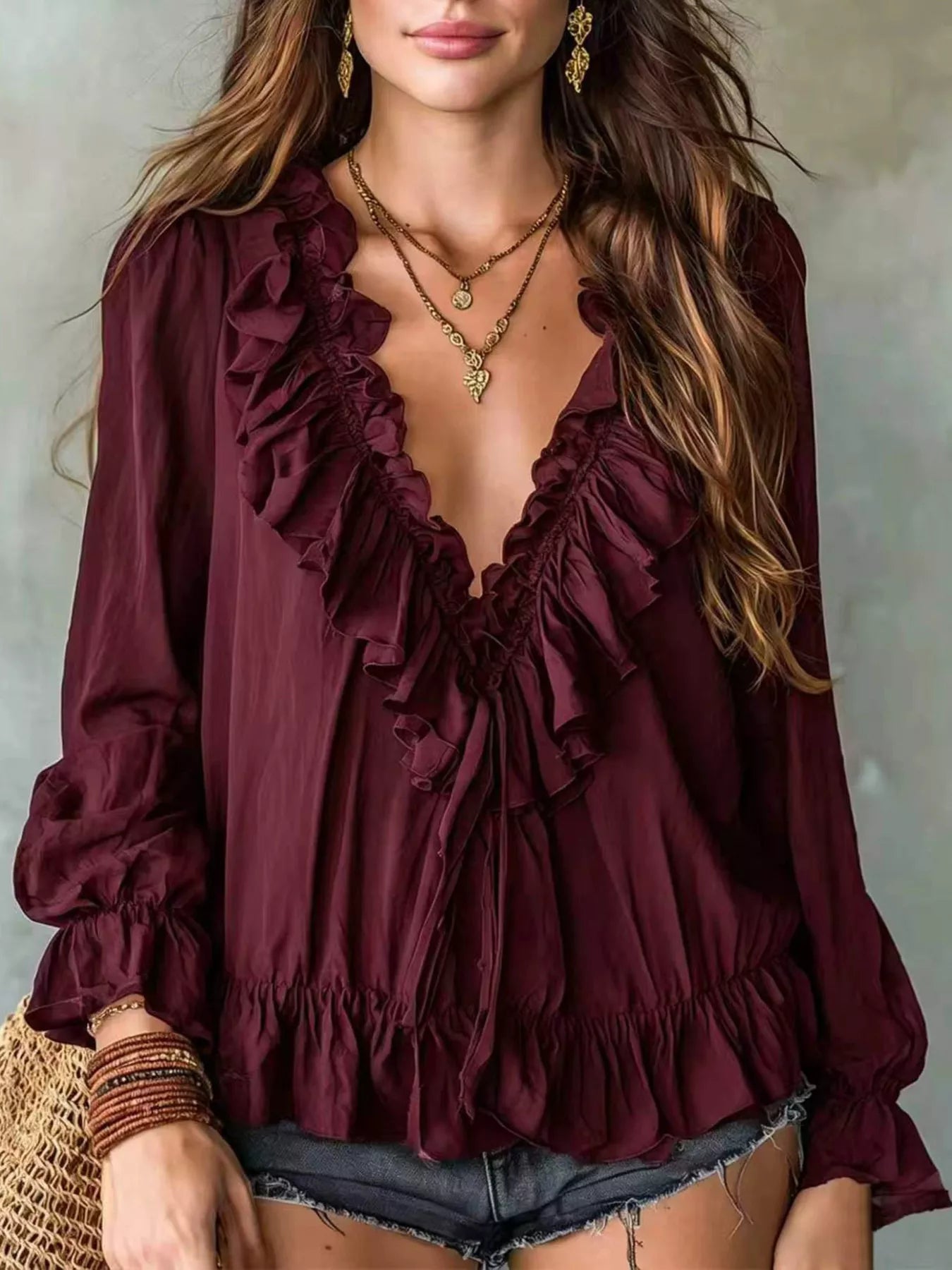 Trendsi Ruffle V-Neck Long Sleeve Blouse -
