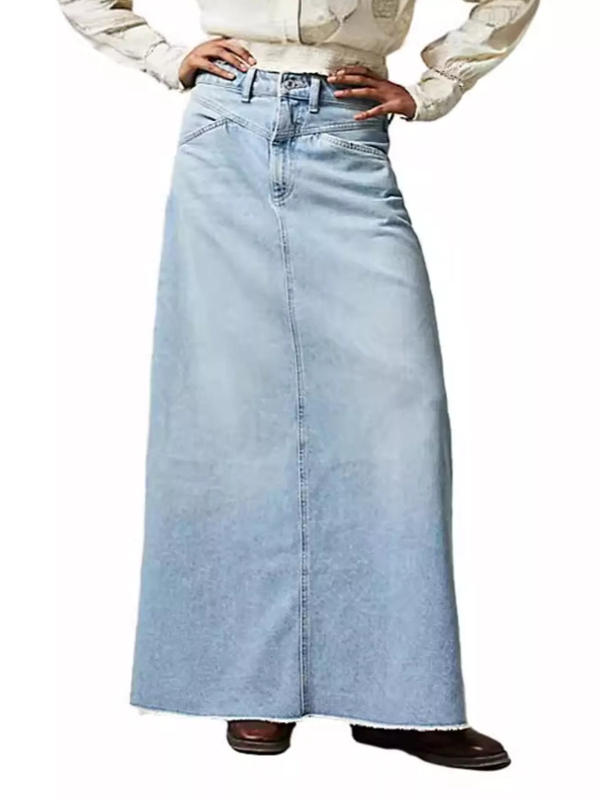 Raw Hem Maxi Denim Skirt — front view