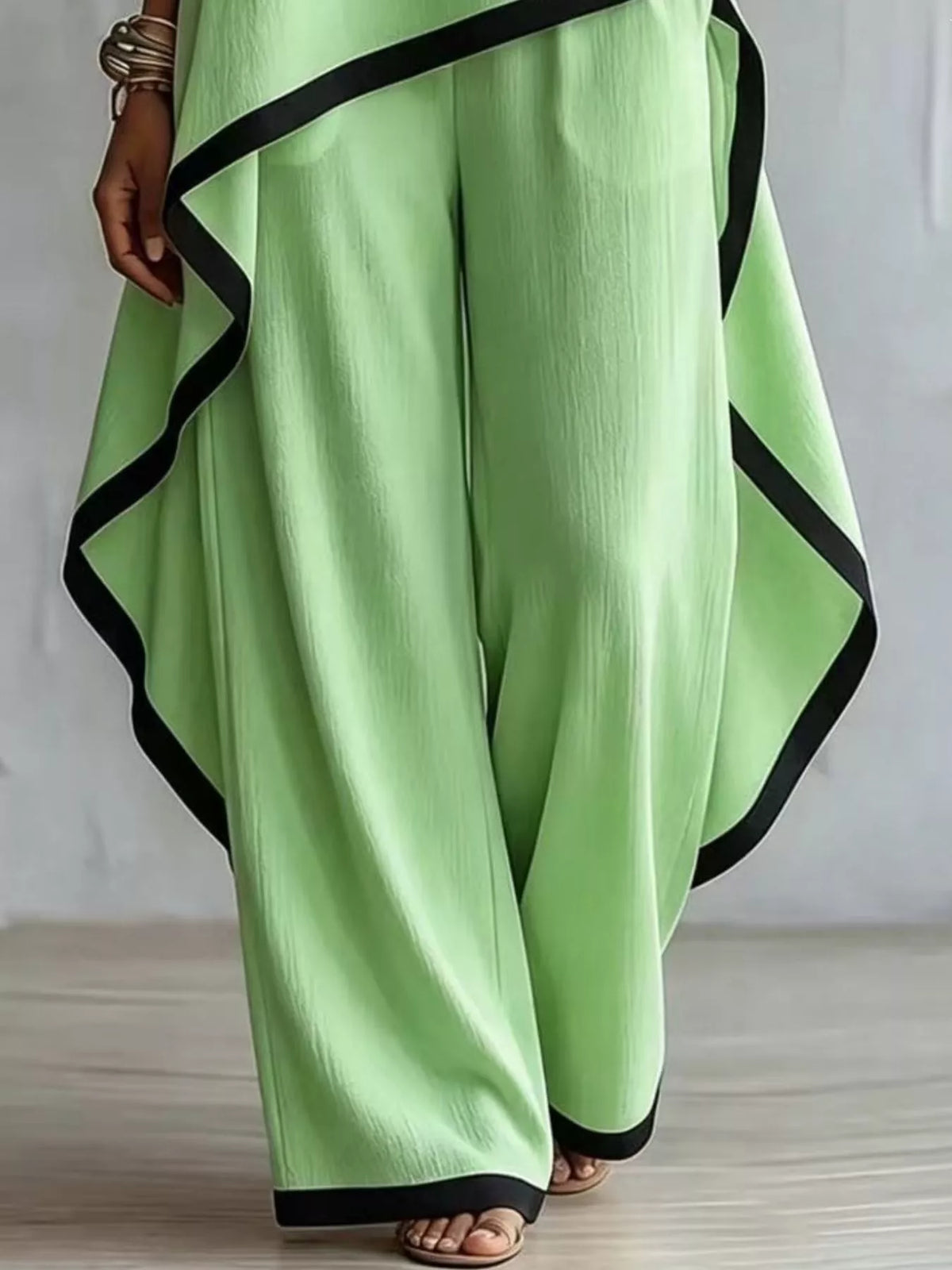 Green contrast-trim top and pants set, wide-leg pants detail