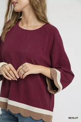 Trendsi Umgee Scalloped Hem Color Block Top -
