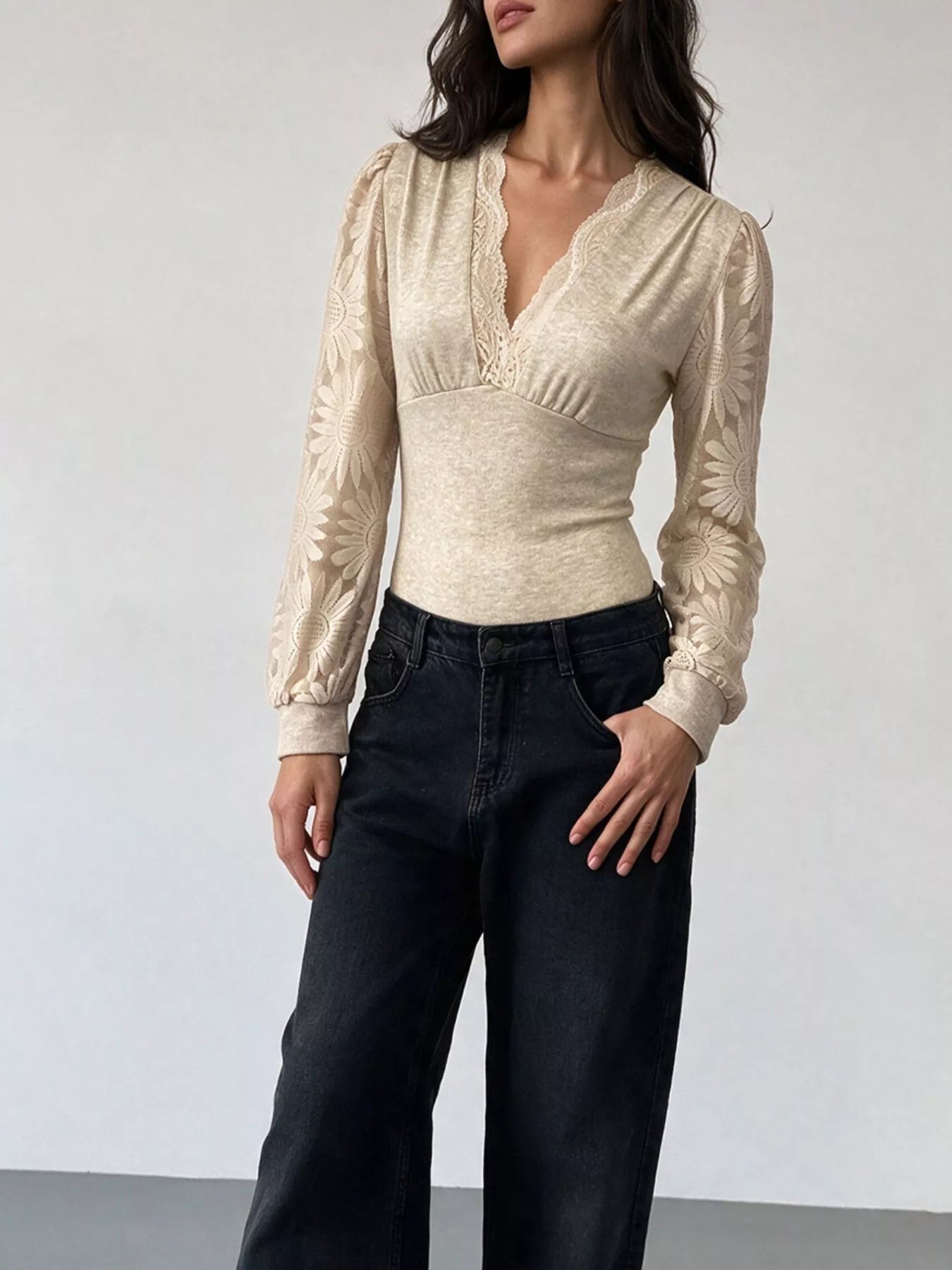 Trendsi V-Neck Lace Trim Floral Mesh Sleeve Bodysuit -