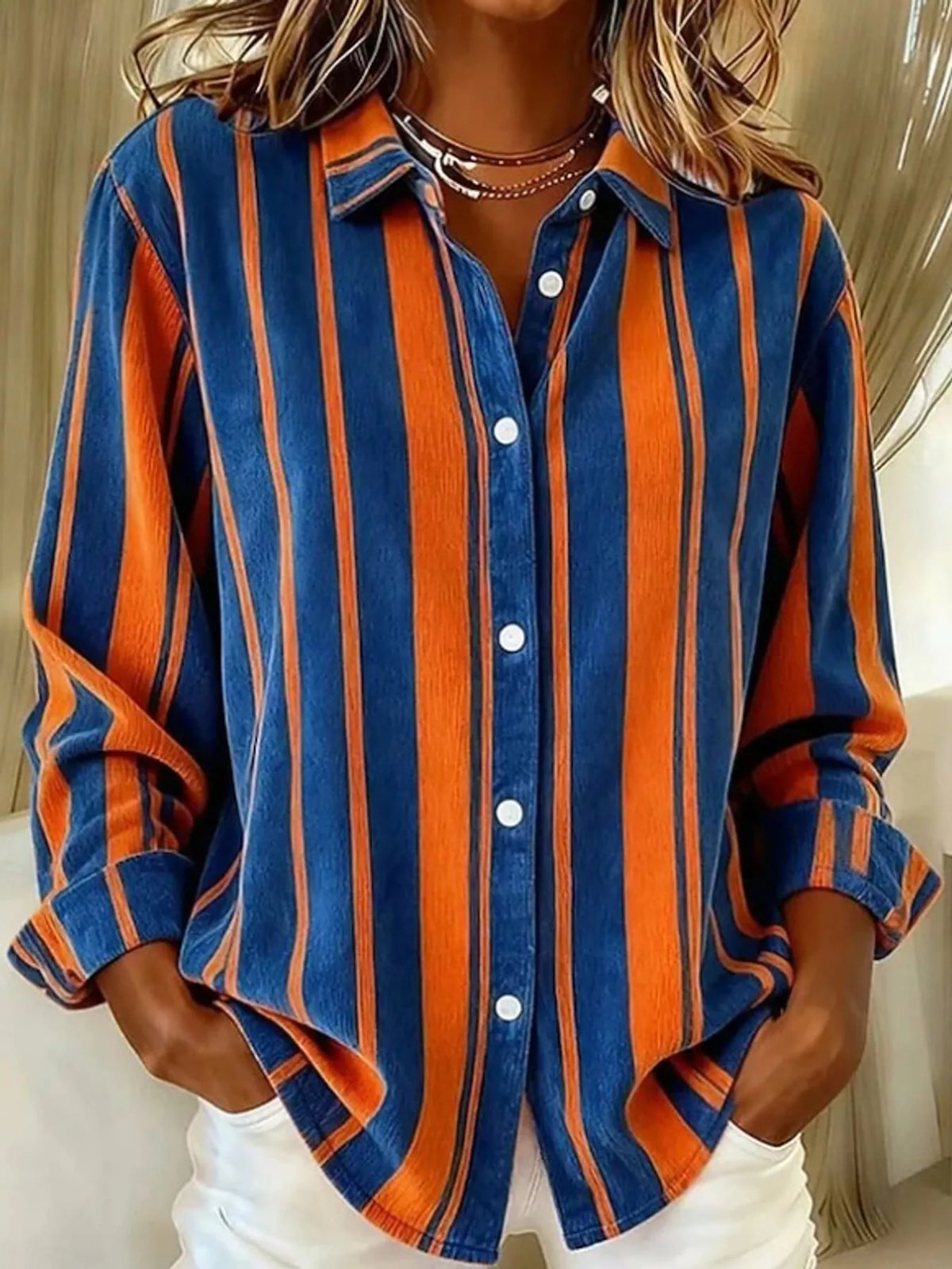 Navy and orange striped long sleeve shirt