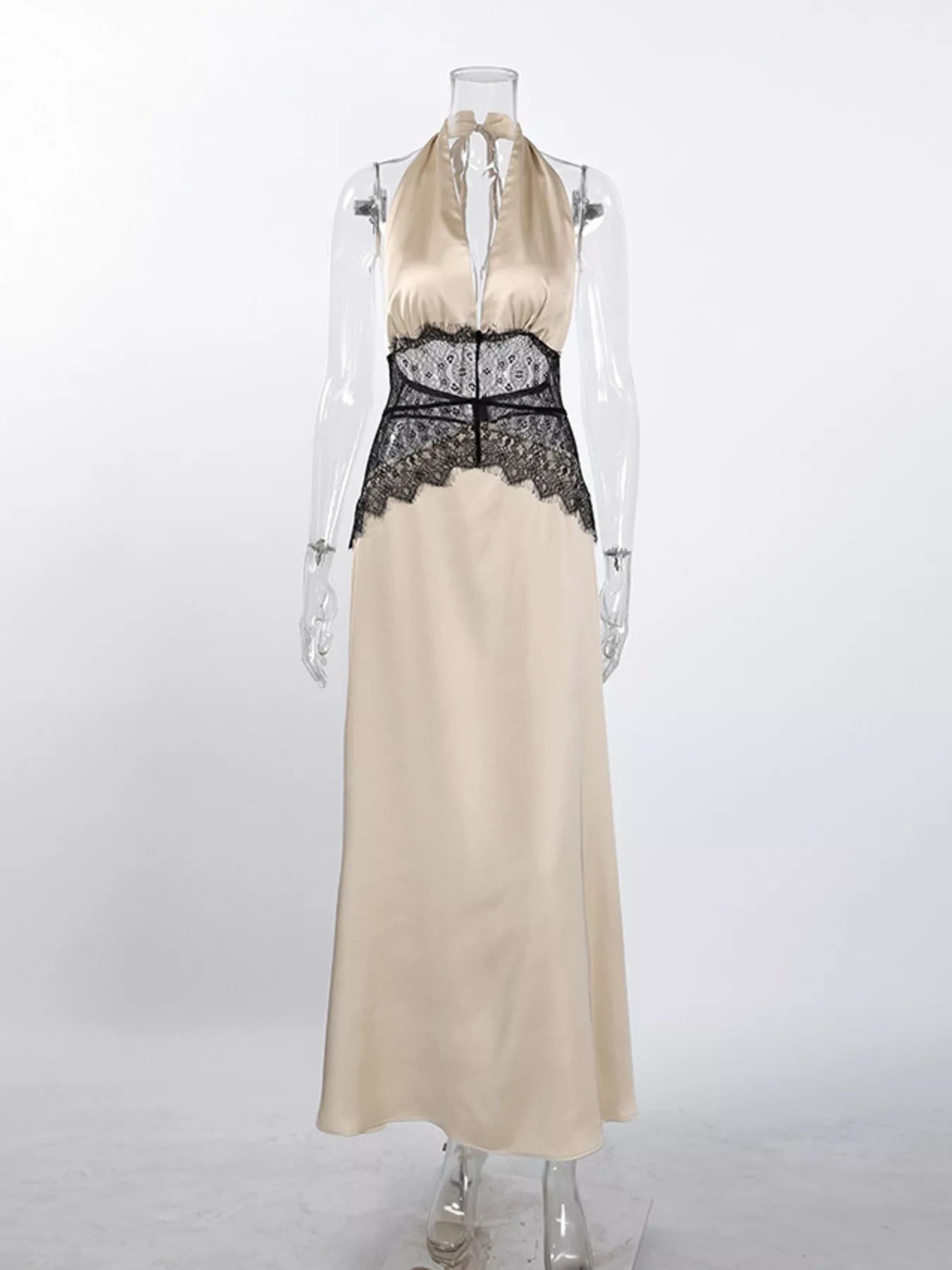 Trendsi Halter Neck Lace Waist Maxi Dress -