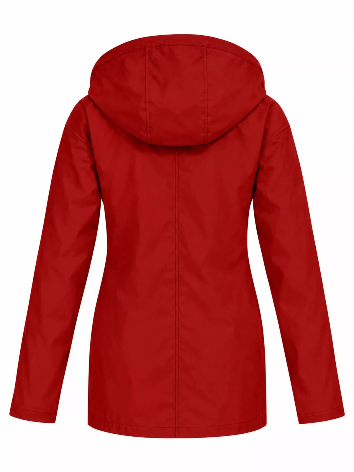 Red drawstring hooded jacket, back view