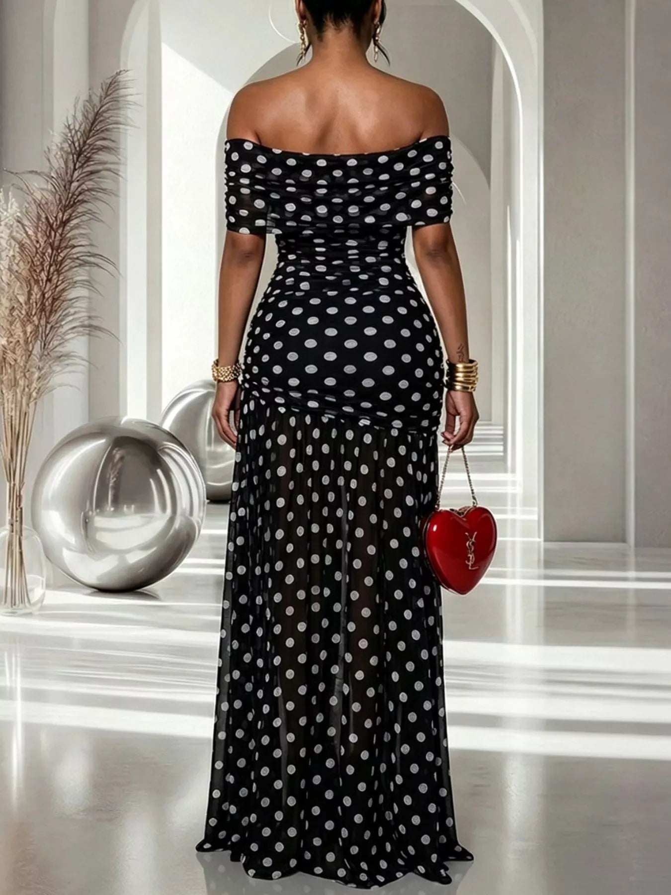 Trendsi Polka Dot Off Shoulder Slit Maxi Dress -