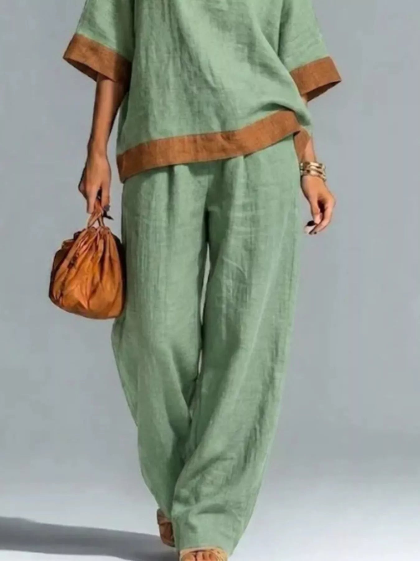 Trendsi Full Size Contrast Trim Top and Wide Leg Pants Set Plus Size -