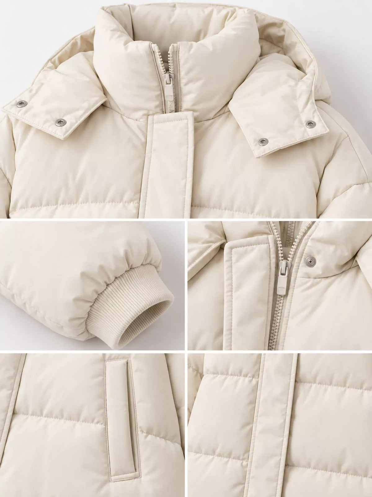Longline puffer coat, cream garment details