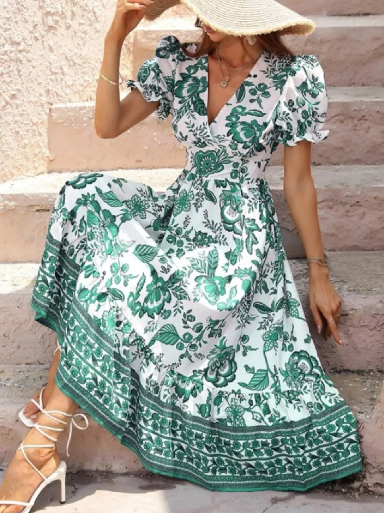 Trendsi Floral Print Puff Sleeve Wrap Midi Dress -