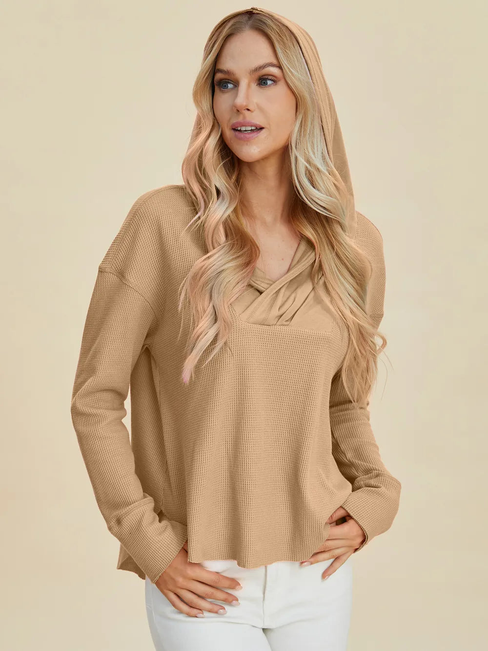 High-low dropped-shoulder long-sleeve hoodie