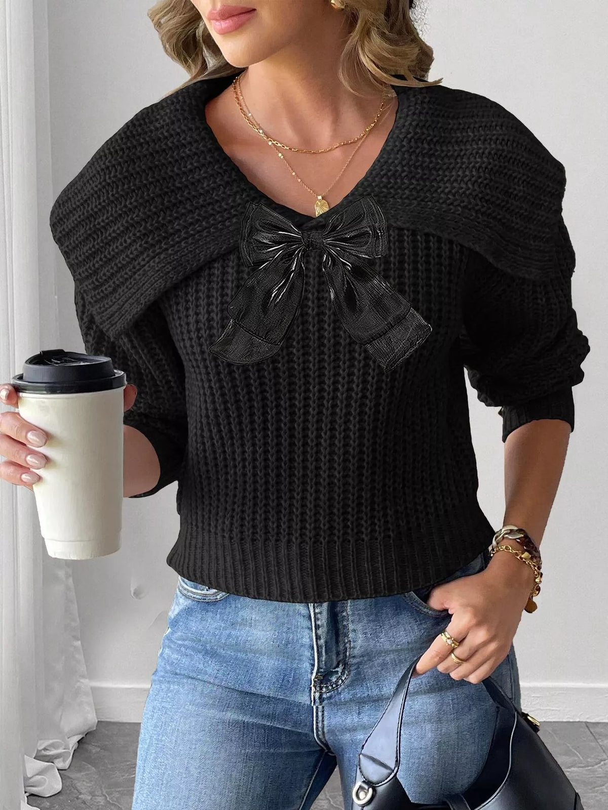 Trendsi Contrast Bow Long Sleeve Sweater -