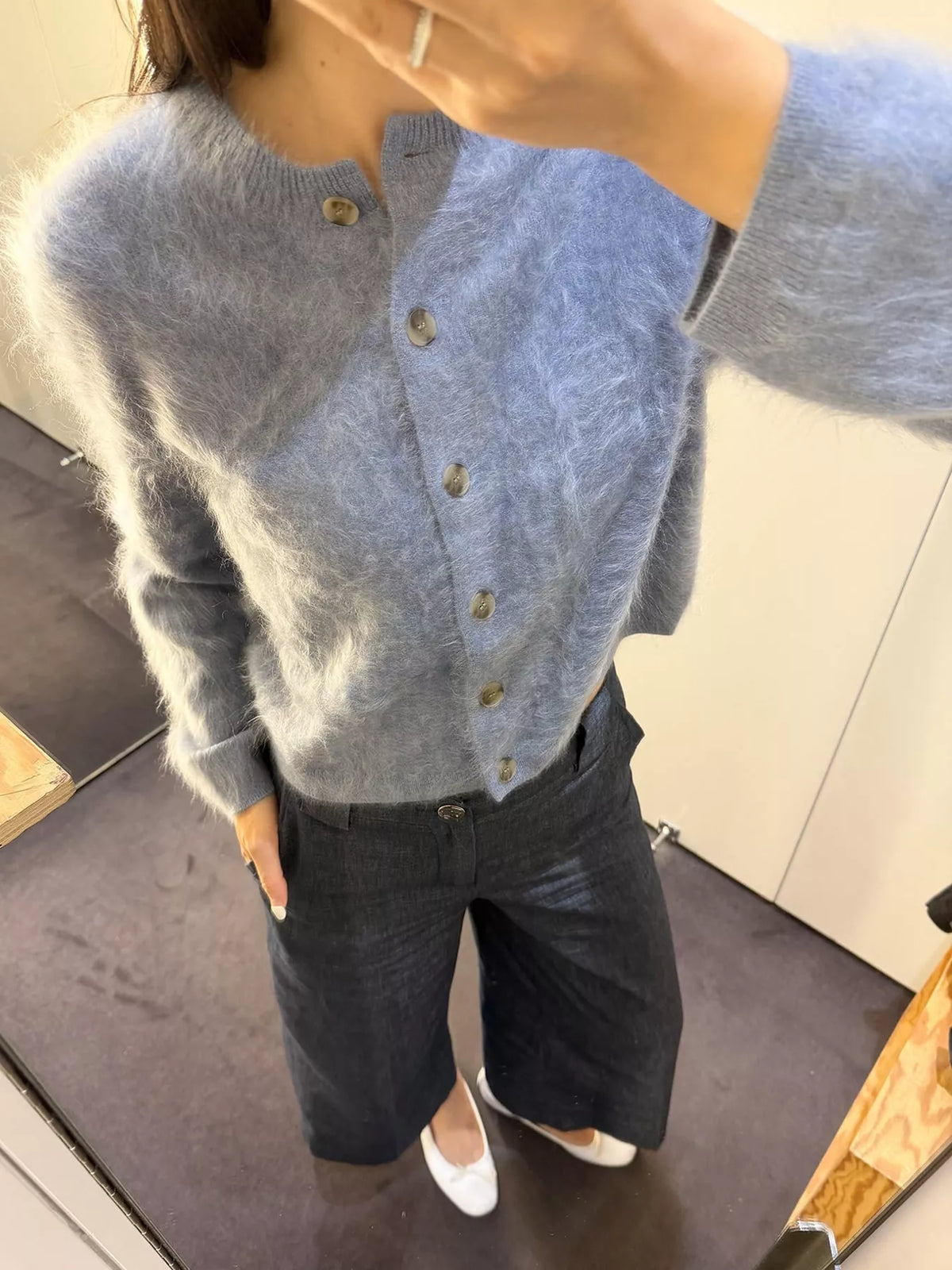 Blue fuzzy button up cropped cardigan