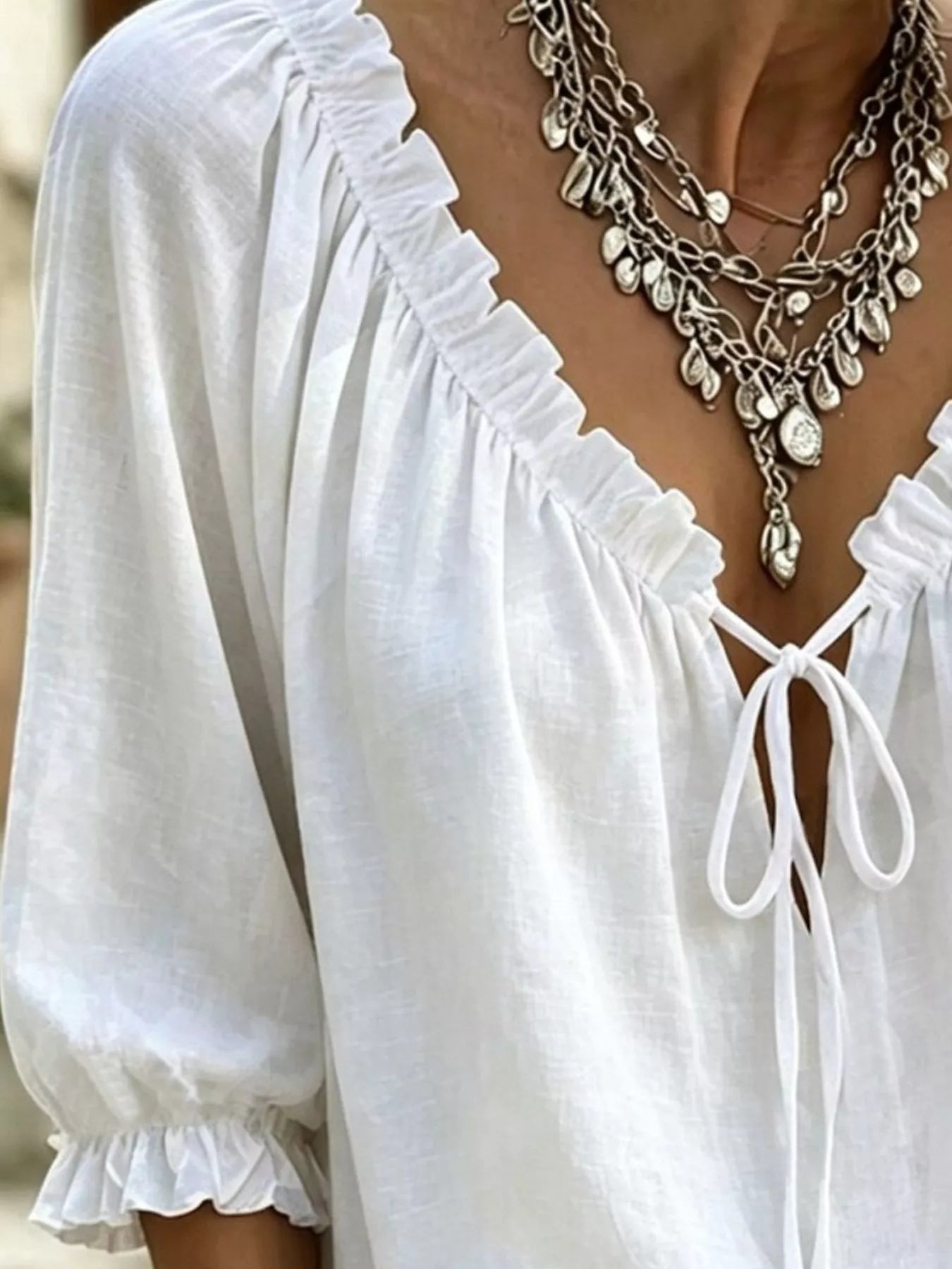 Trendsi Frill Tie Neck 3/4 Sleeve Blouse -