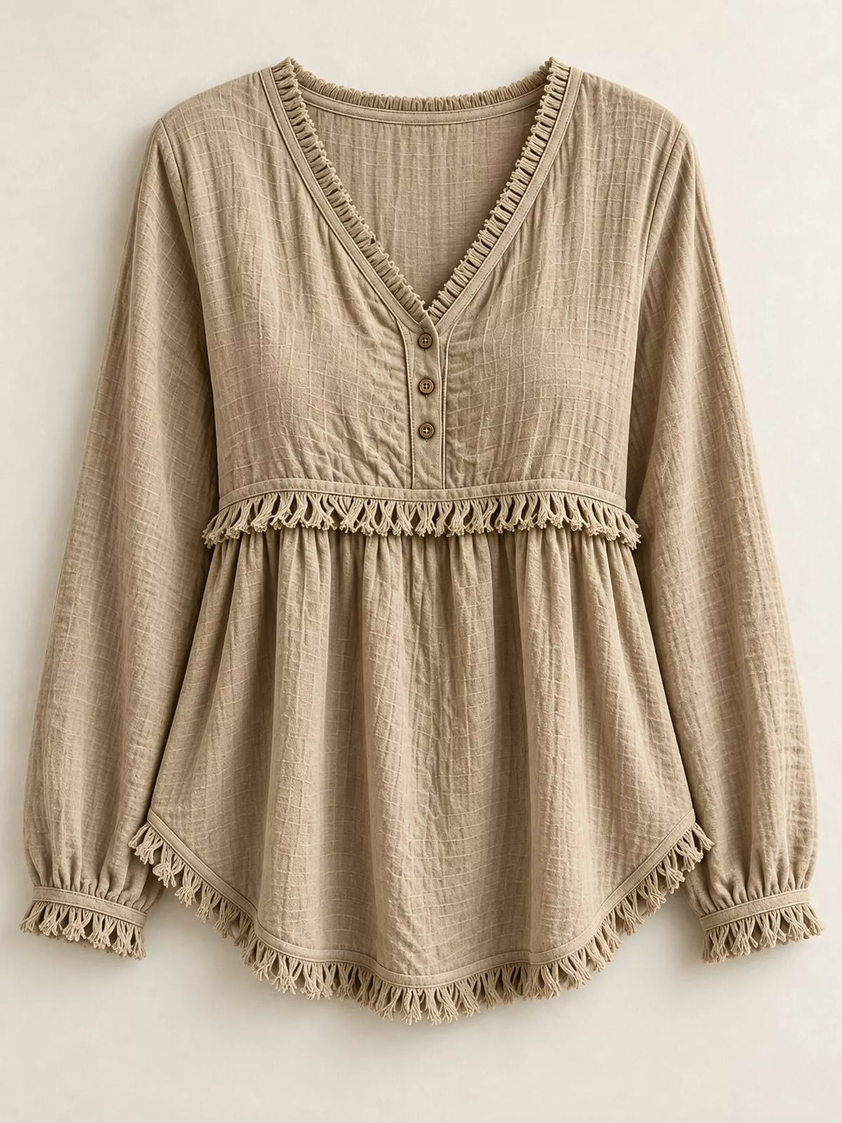 Fringe-trim blouse, taupe hanging front