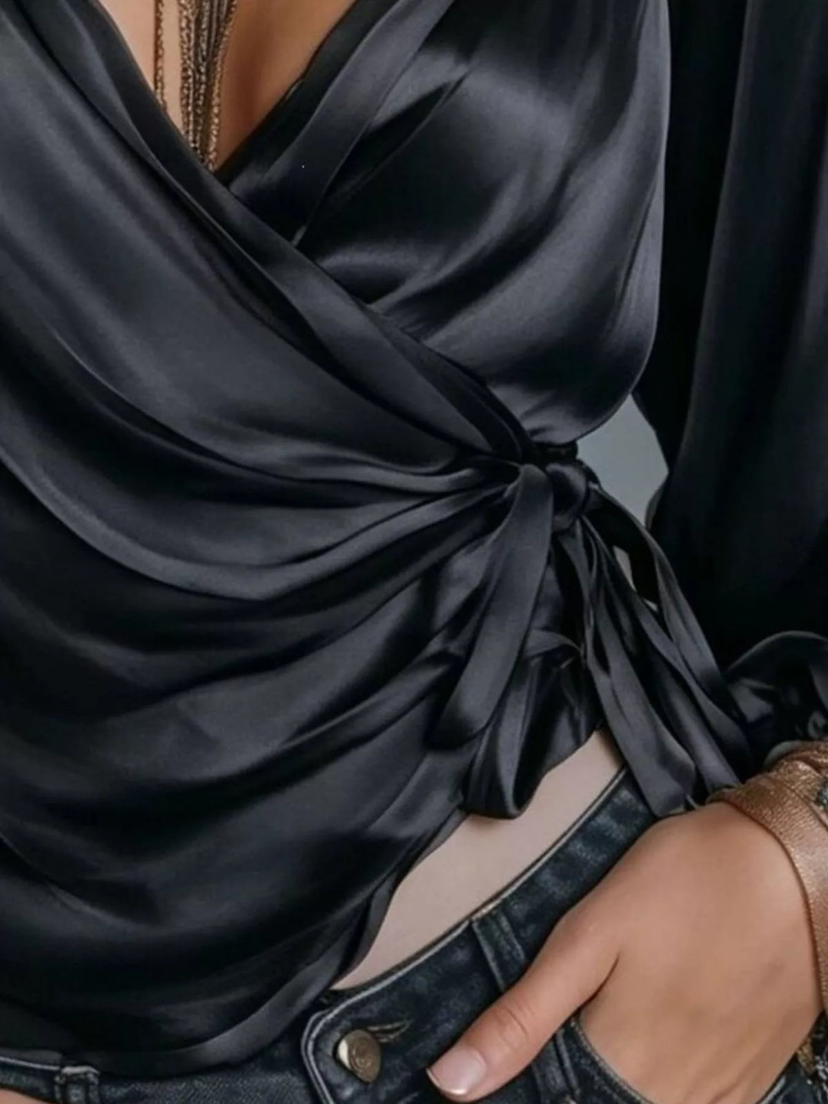 Satin blouse, black waist detail