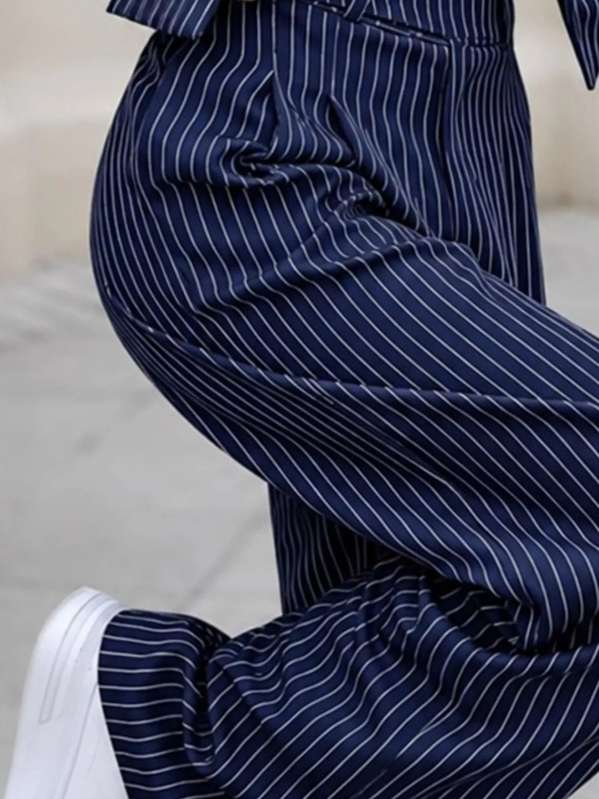 Striped cropped pantsuit, navy striped pants detail
