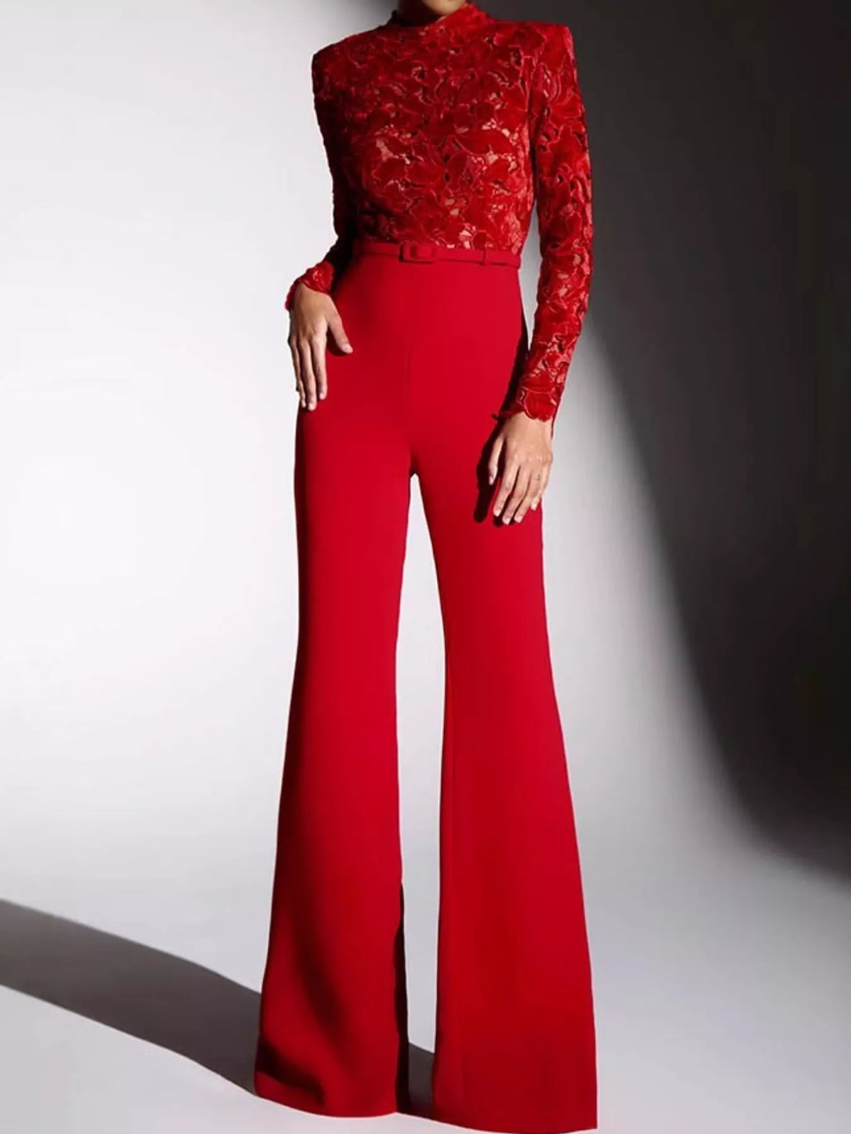 Lace Long-Sleeve Flare Jumpsuit — front view