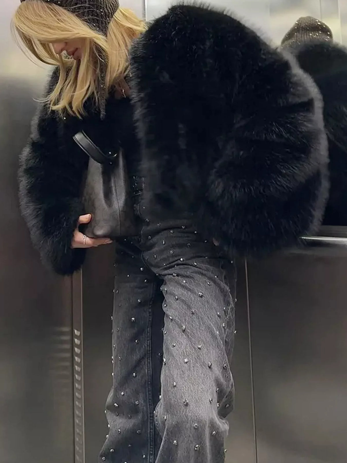Faux Fur Cropped Coat in black