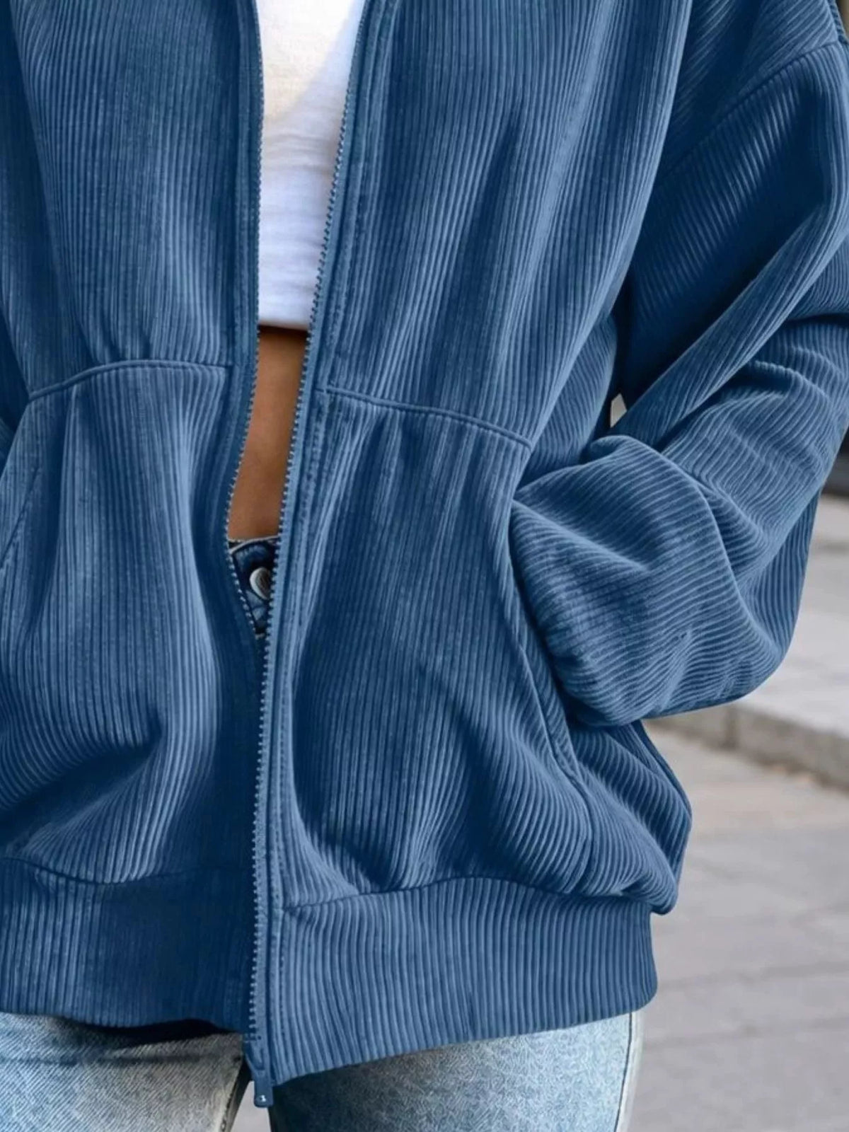 Blue corduroy zip-up jacket, patch pocket and cuff detail