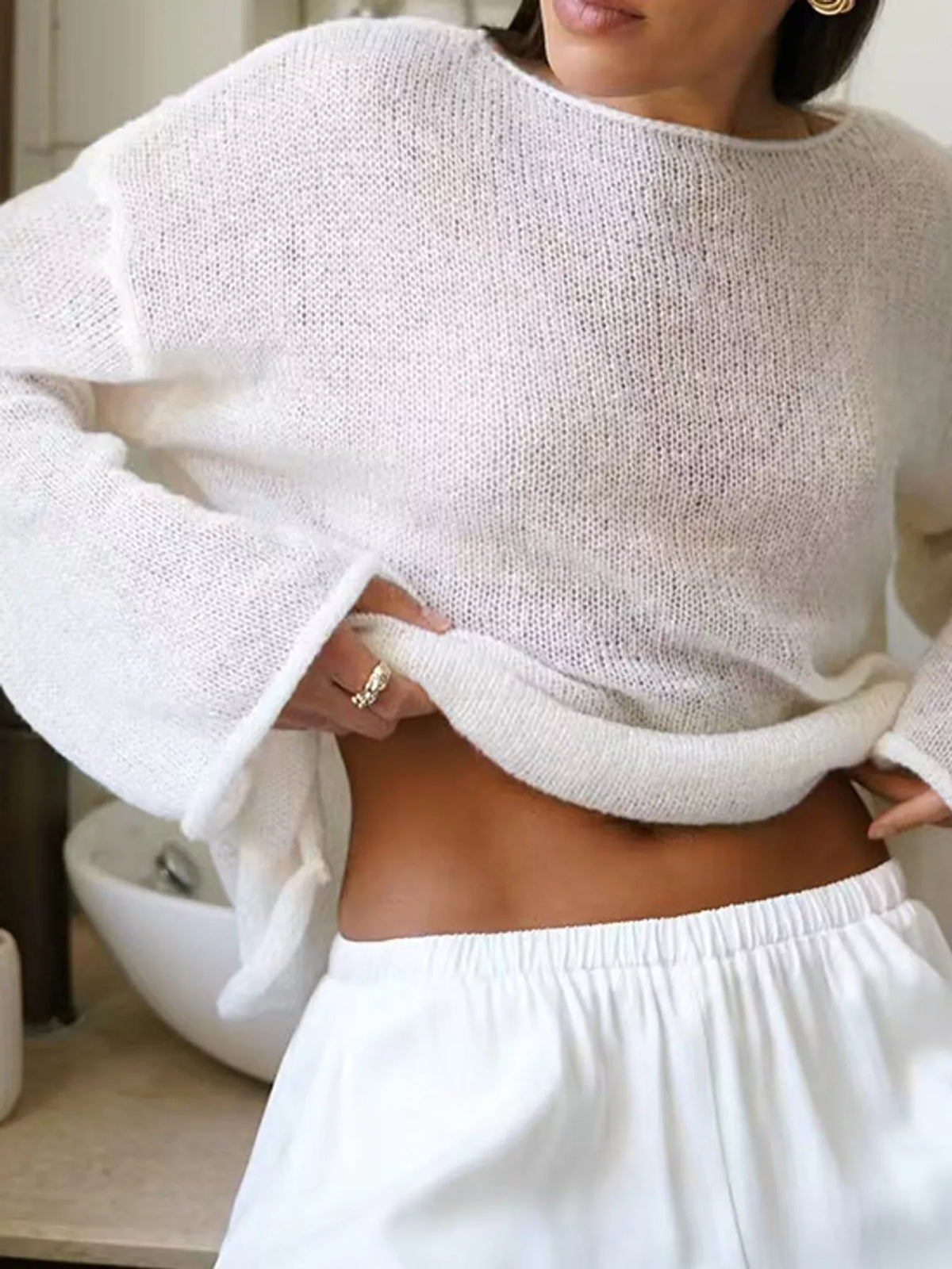 White sheer openwork knit long sleeve top