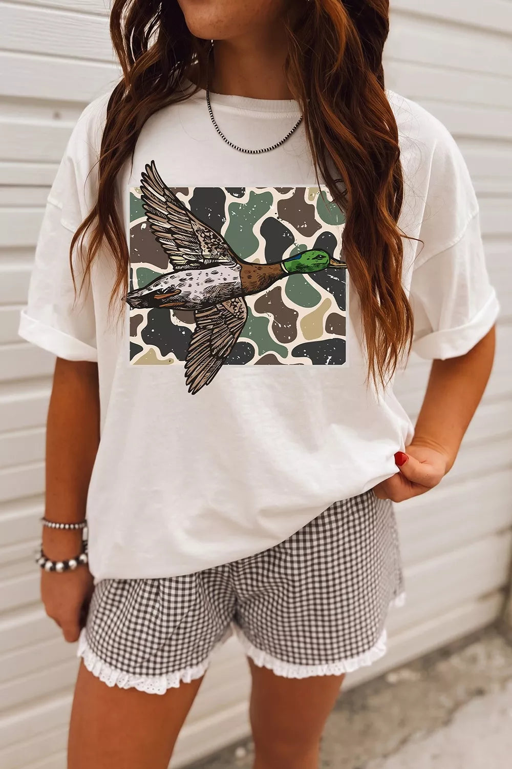 Women's white camo mallard duck graphic short sleeve T-shirt