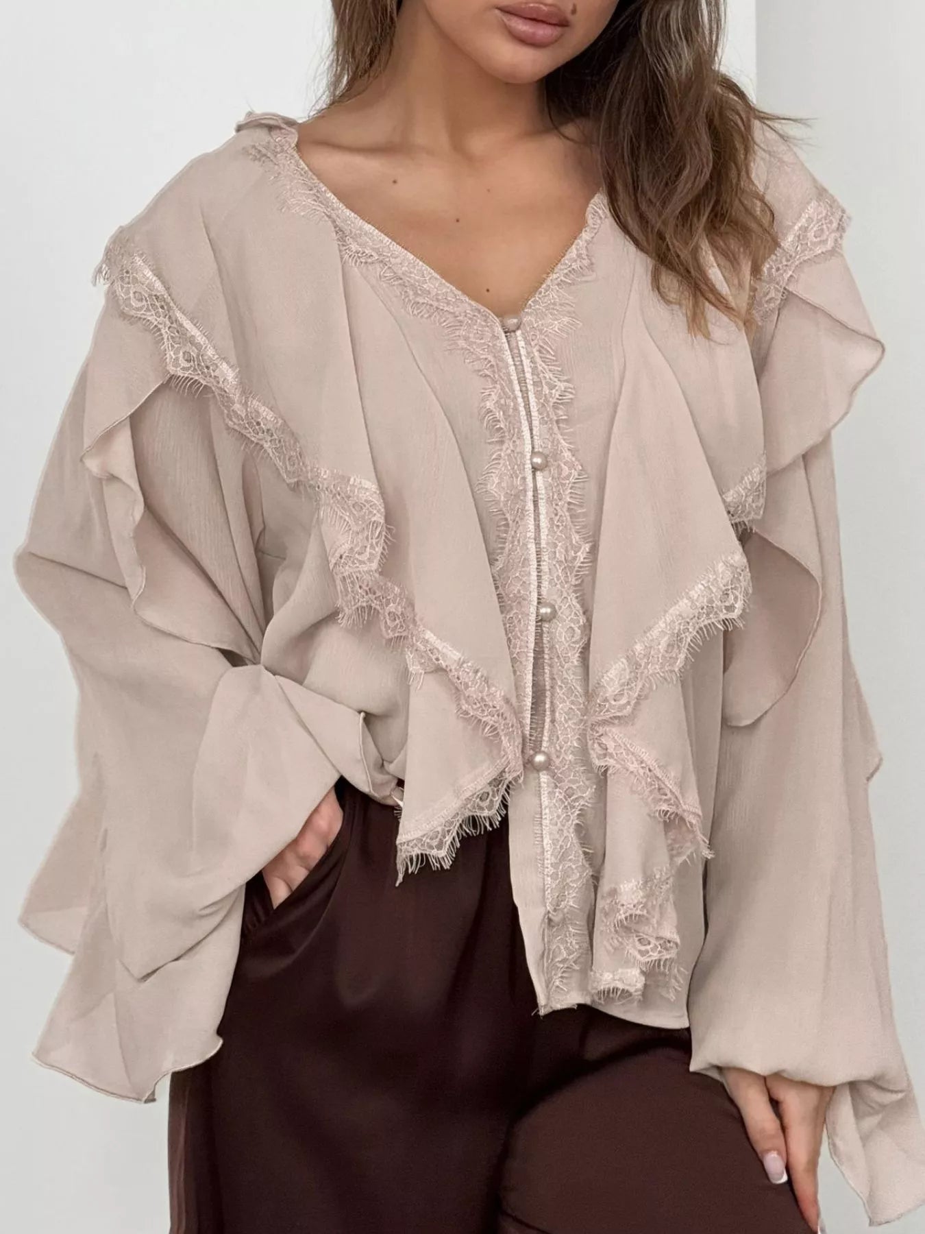 Trendsi V-Neck Ruffled Lace Trim Blouse -