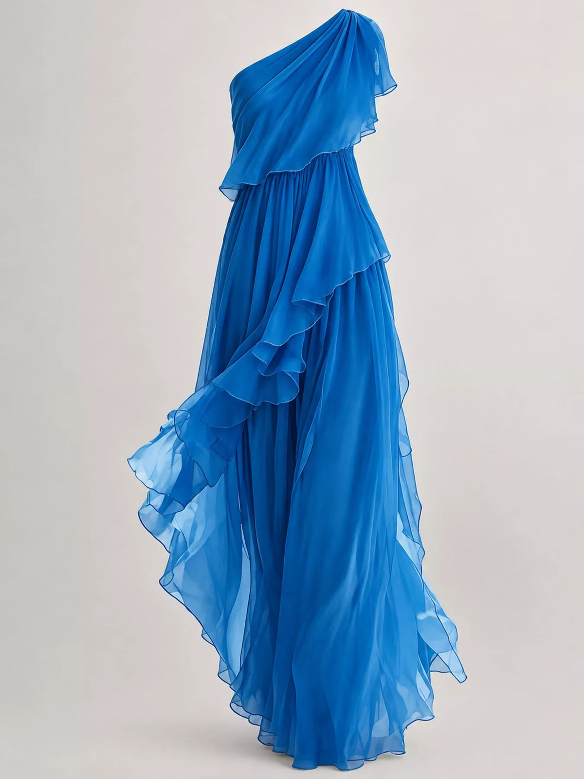 Women's One-Shoulder Ruffled Chiffon Maxi Dress in blue — flat lay view