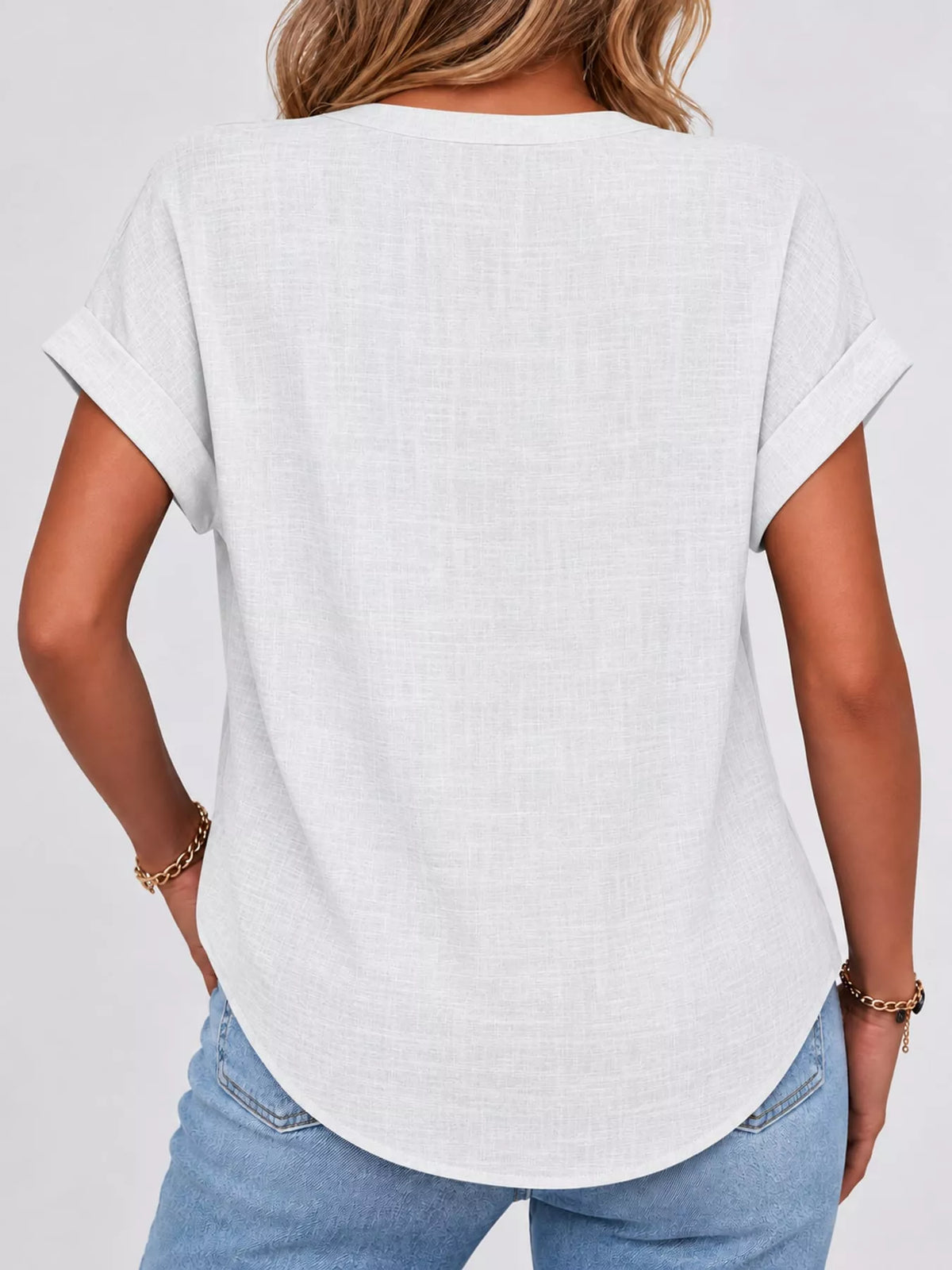 White button detail short sleeve blouse, back view