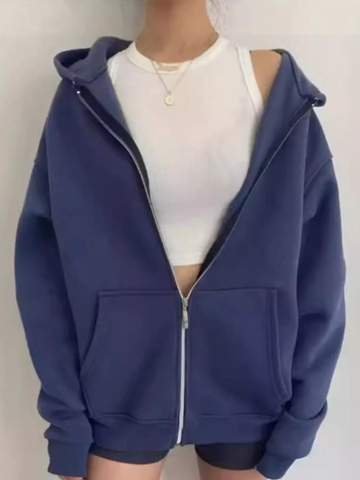 Women's Zip-Up Dropped Shoulder Hoodie in blue — front view