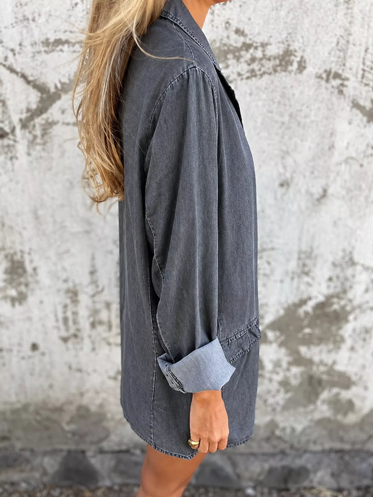 Lapel Collar Long Sleeve Denim Blazer in gray