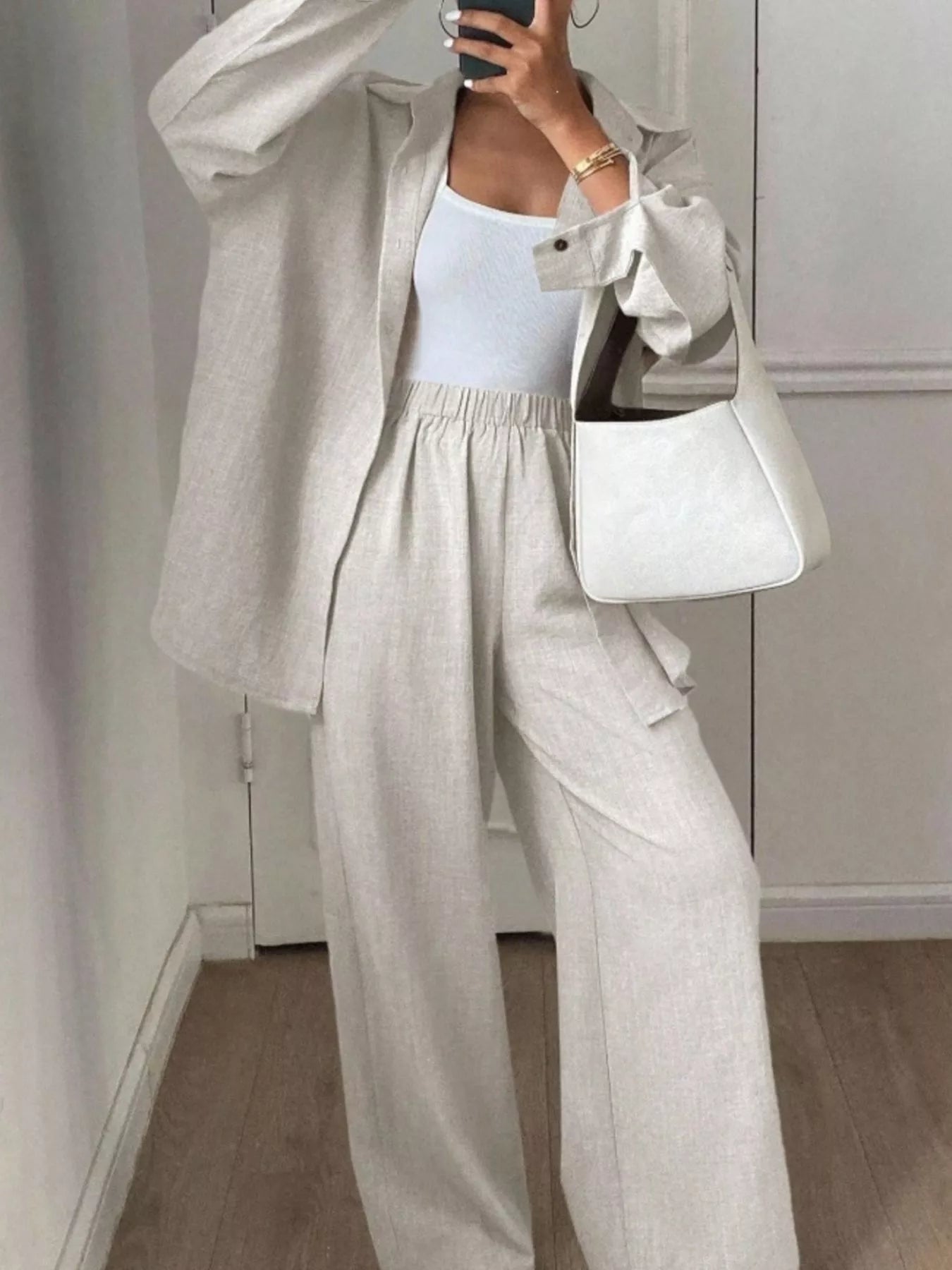 Trendsi Button Up Long Sleeve Shirt and Wide Leg Pants Set -