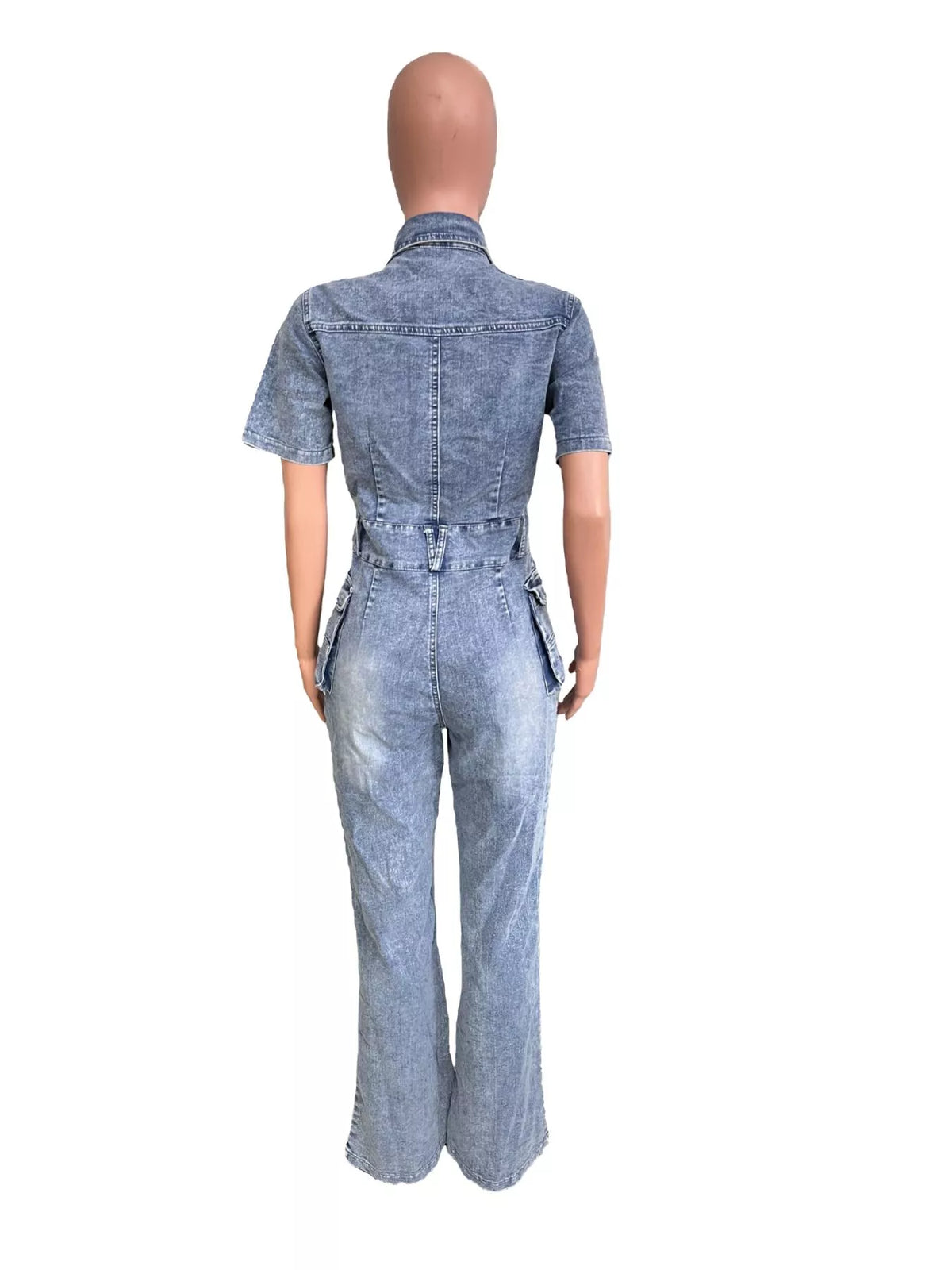 Blue flared denim cargo jumpsuit, back view