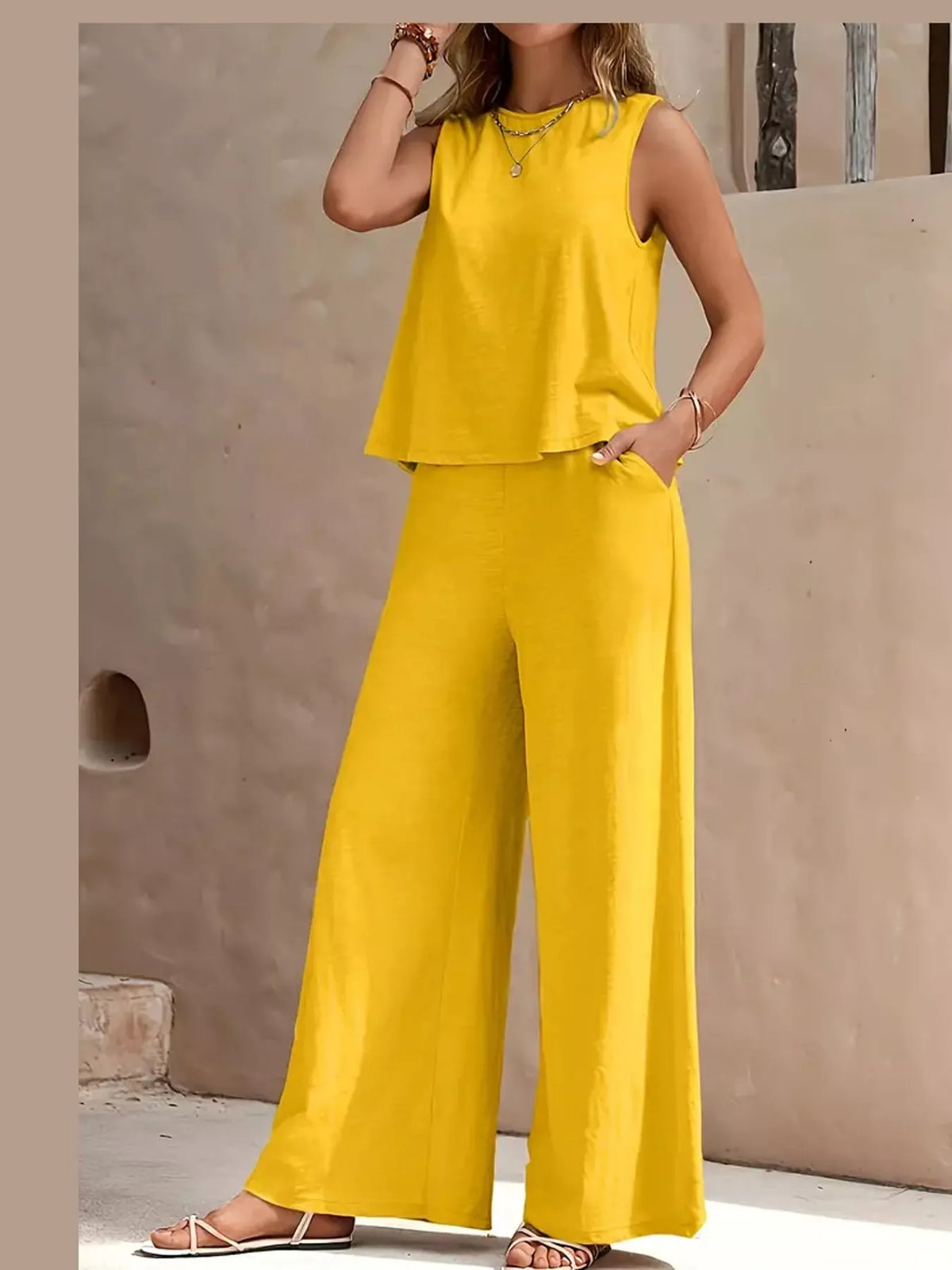 Sleeveless Tank Top and Wide-Leg Pants Set — front view