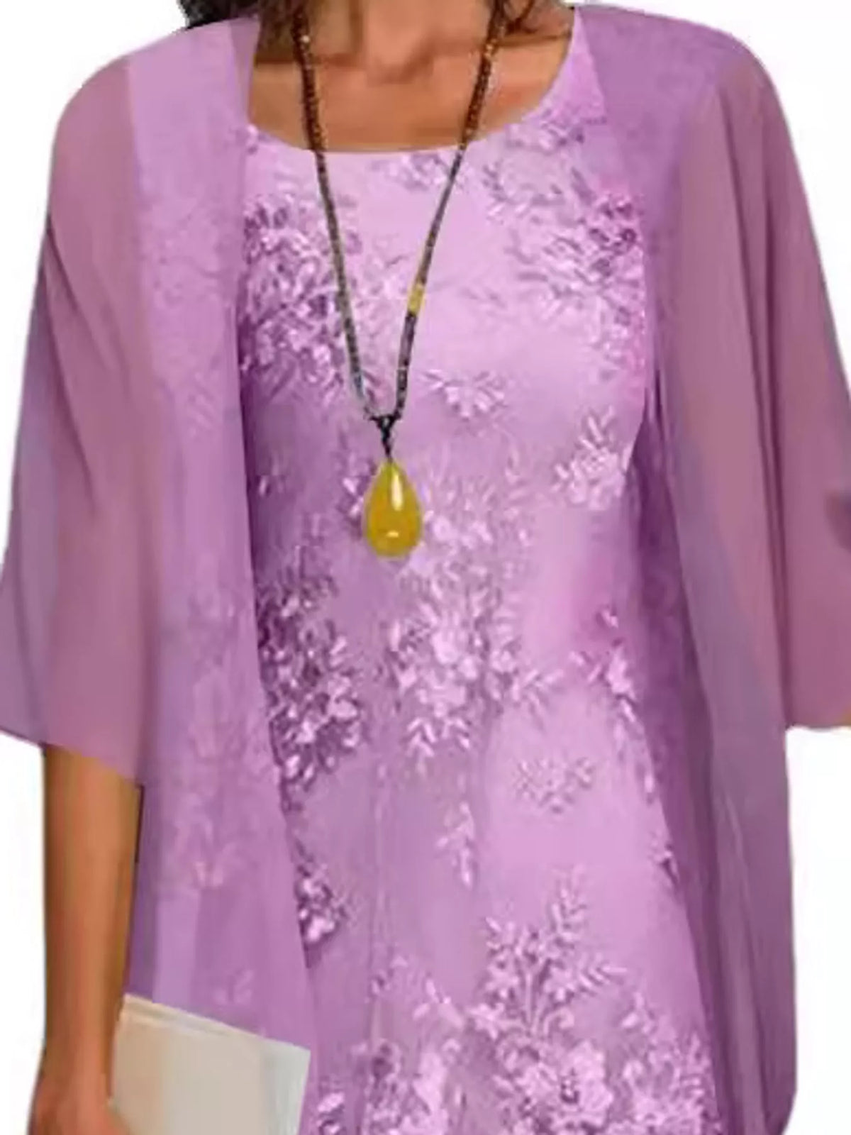 Purple lace overlay dress and chiffon cardigan set, floral overlay neckline and sheer outer layer
