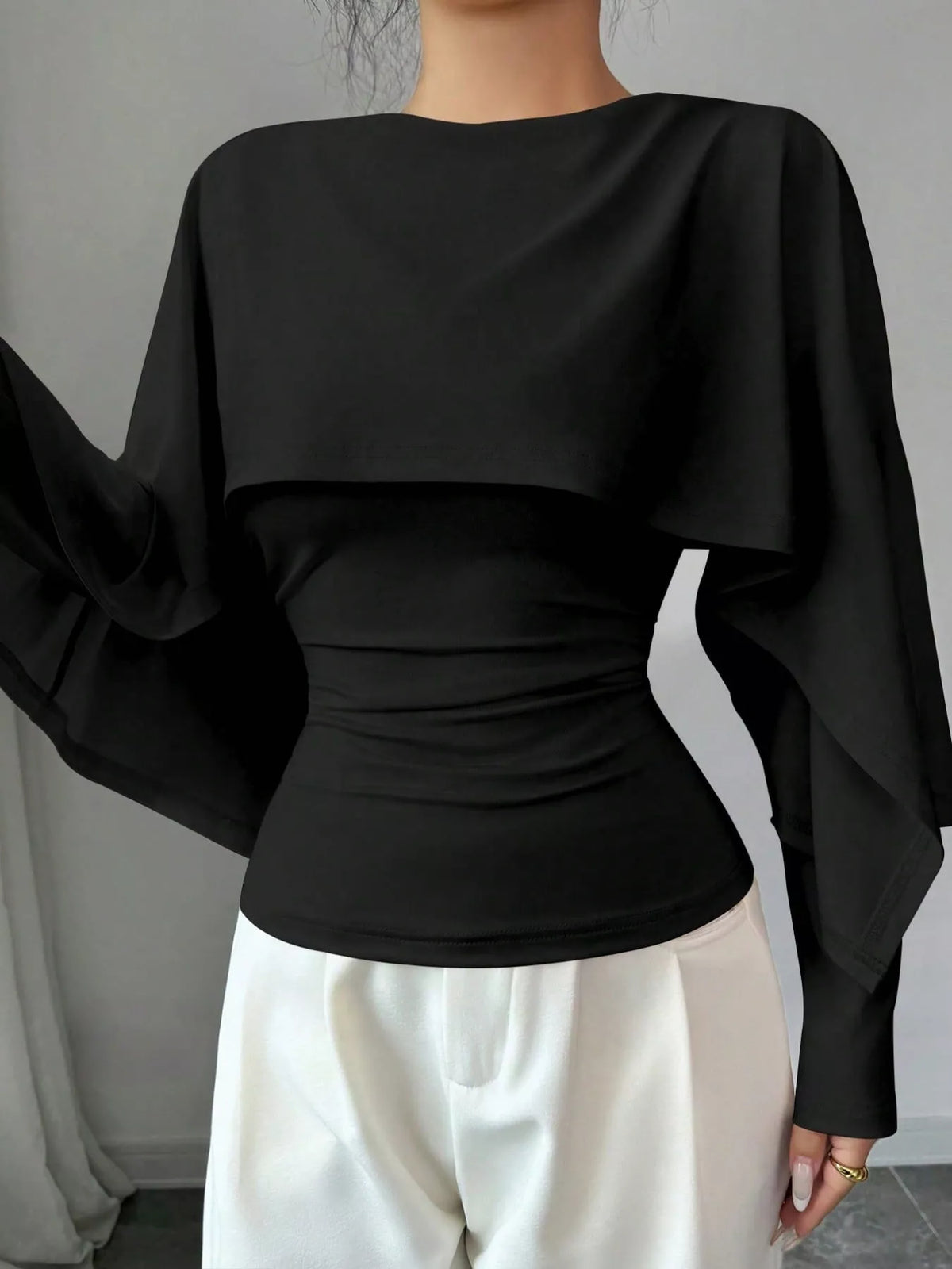 Layered Cape-Style Blouse with Slim-Fit Bodice — front view