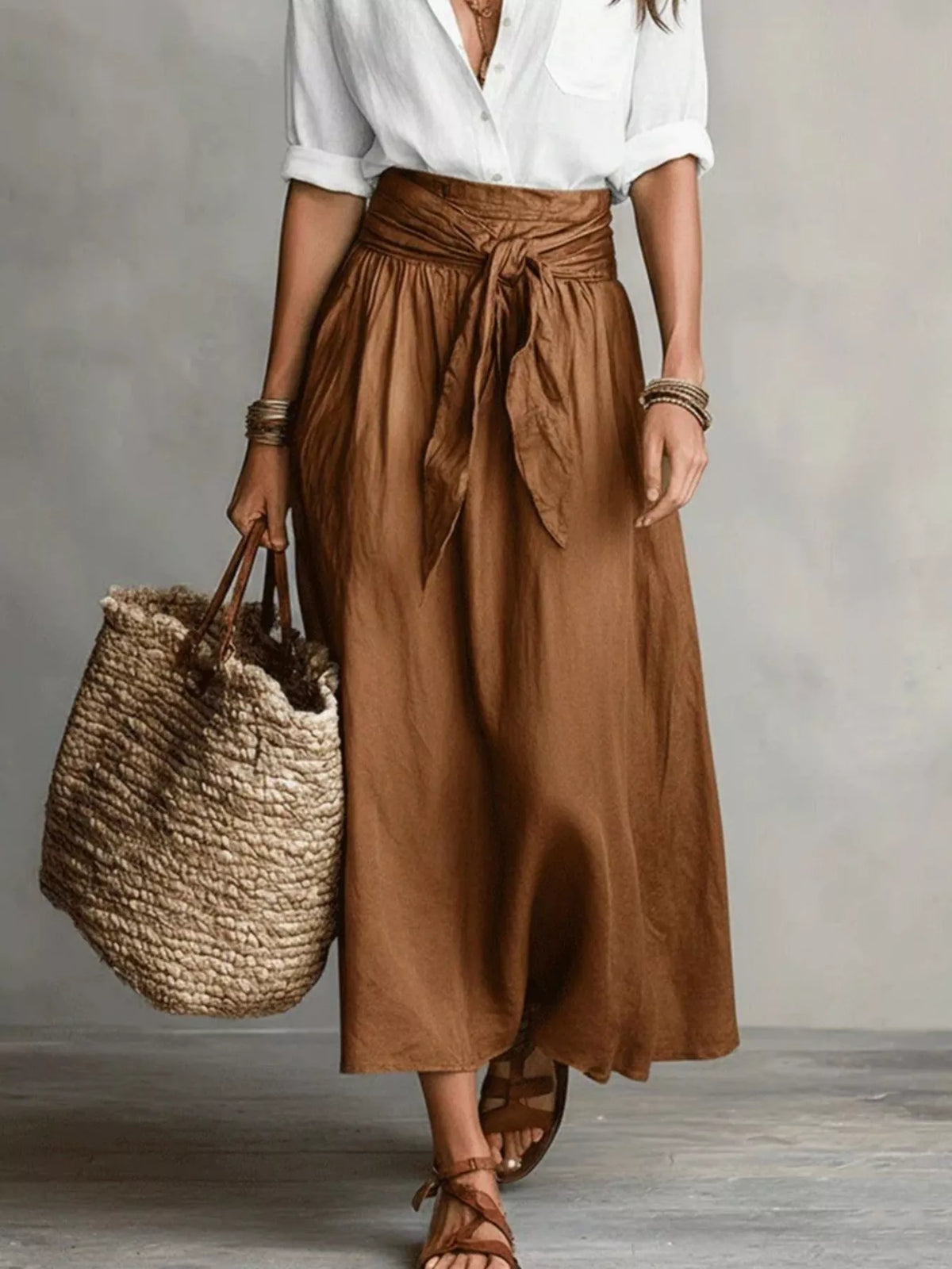 White and brown button-front shirt and skirt set, skirt and tie detail