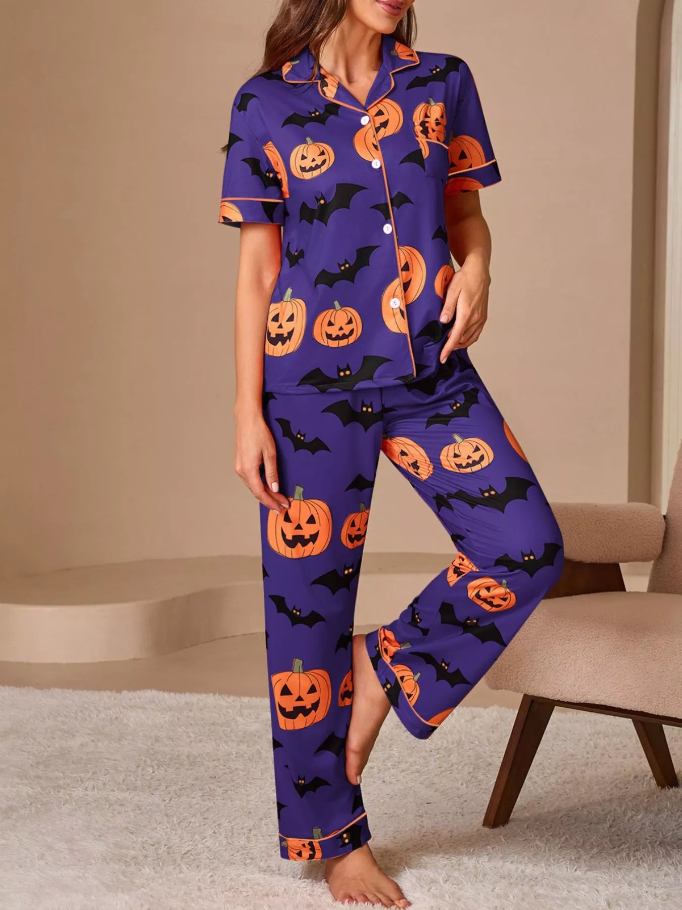 Trendsi Halloween Pumpkin and Bat Print Button-Down Top and Pants Lounge Set -