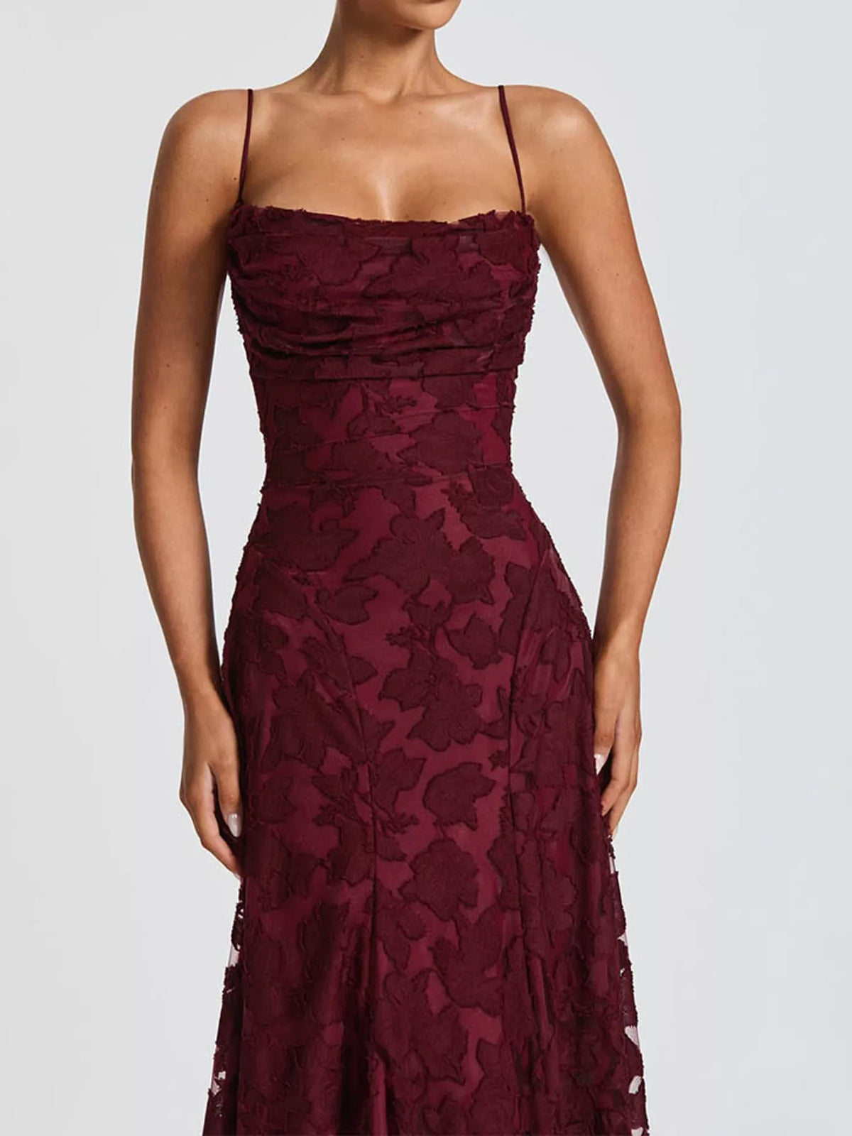 Burgundy backless lace maxi dress, detail view
